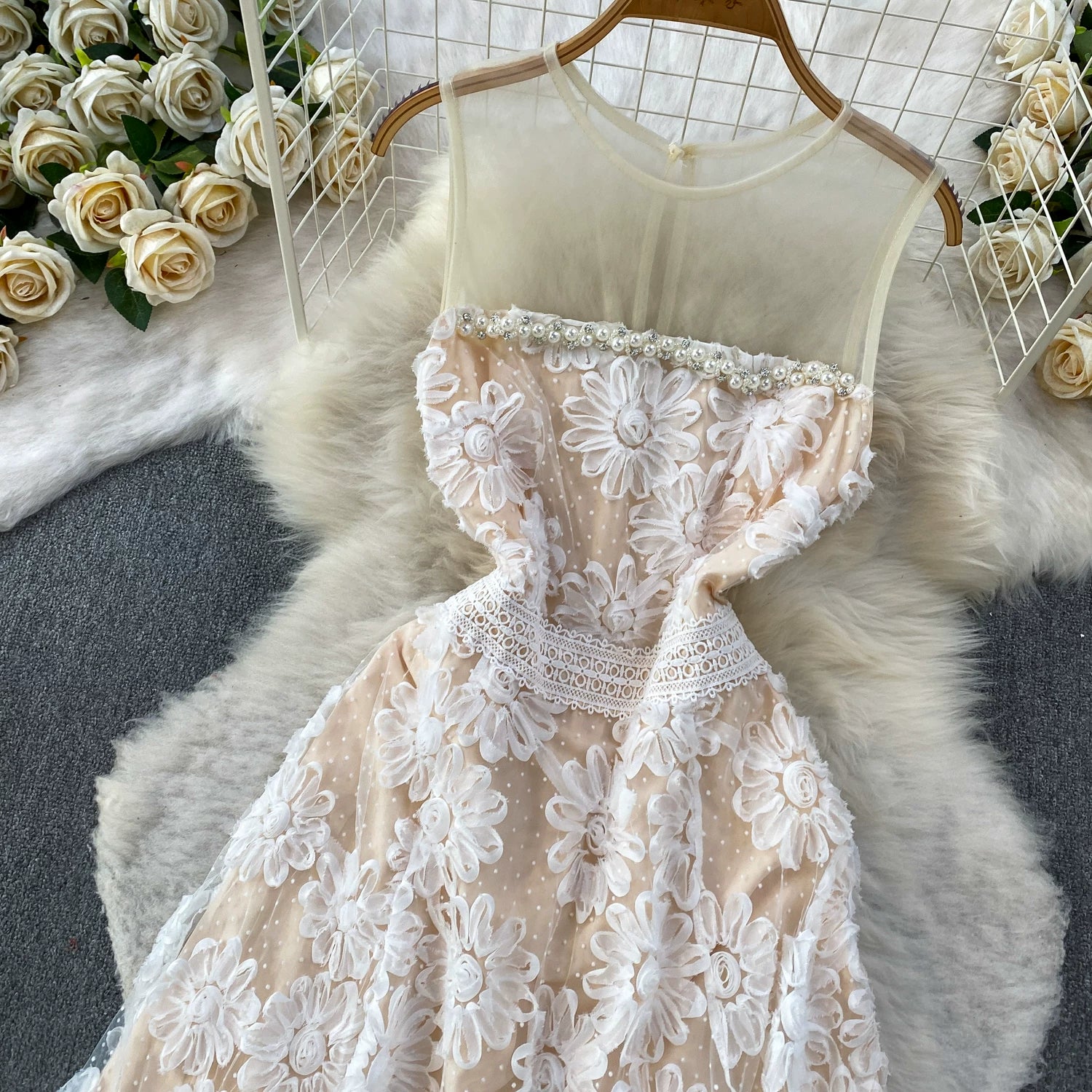 O1CN01RH17rD1Q7X98oLKv2__490011929 SHEER MESH MOCK NECK SLEEVELESS 3D FLORAL TULLE MIDI DRESS