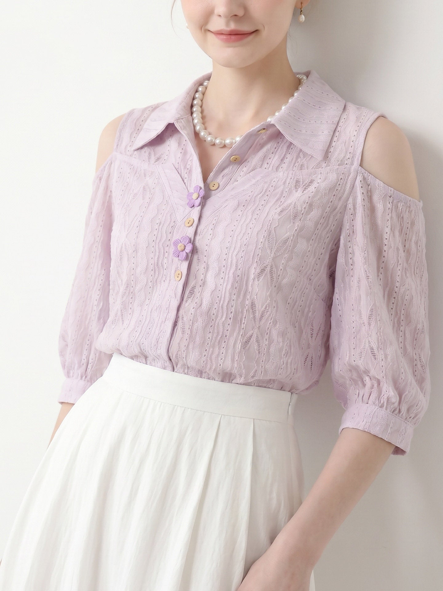 O1CN01S9VjGQ1fP8cRGgrdZ__163593998 COLD SHOULDER EYELET BLOUSE, 3D FLORAL BUTTONS, DATE NIGHT