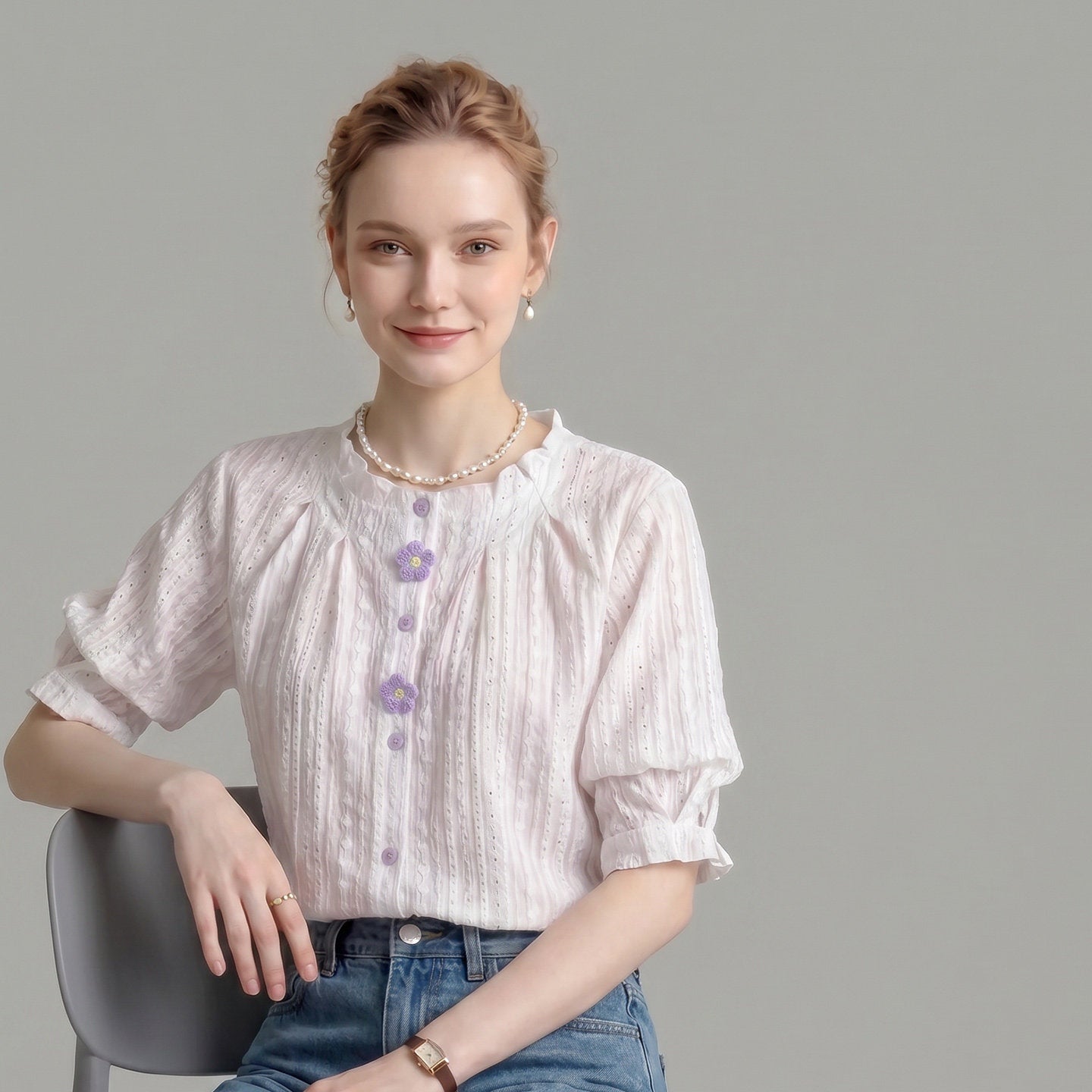 O1CN01SXYhN41fP8cSuYgZF__163593998 RUFFLED CREW NECK EYELET PUFF SLEEVE BLOUSE WITH FLORAL BUTTONS