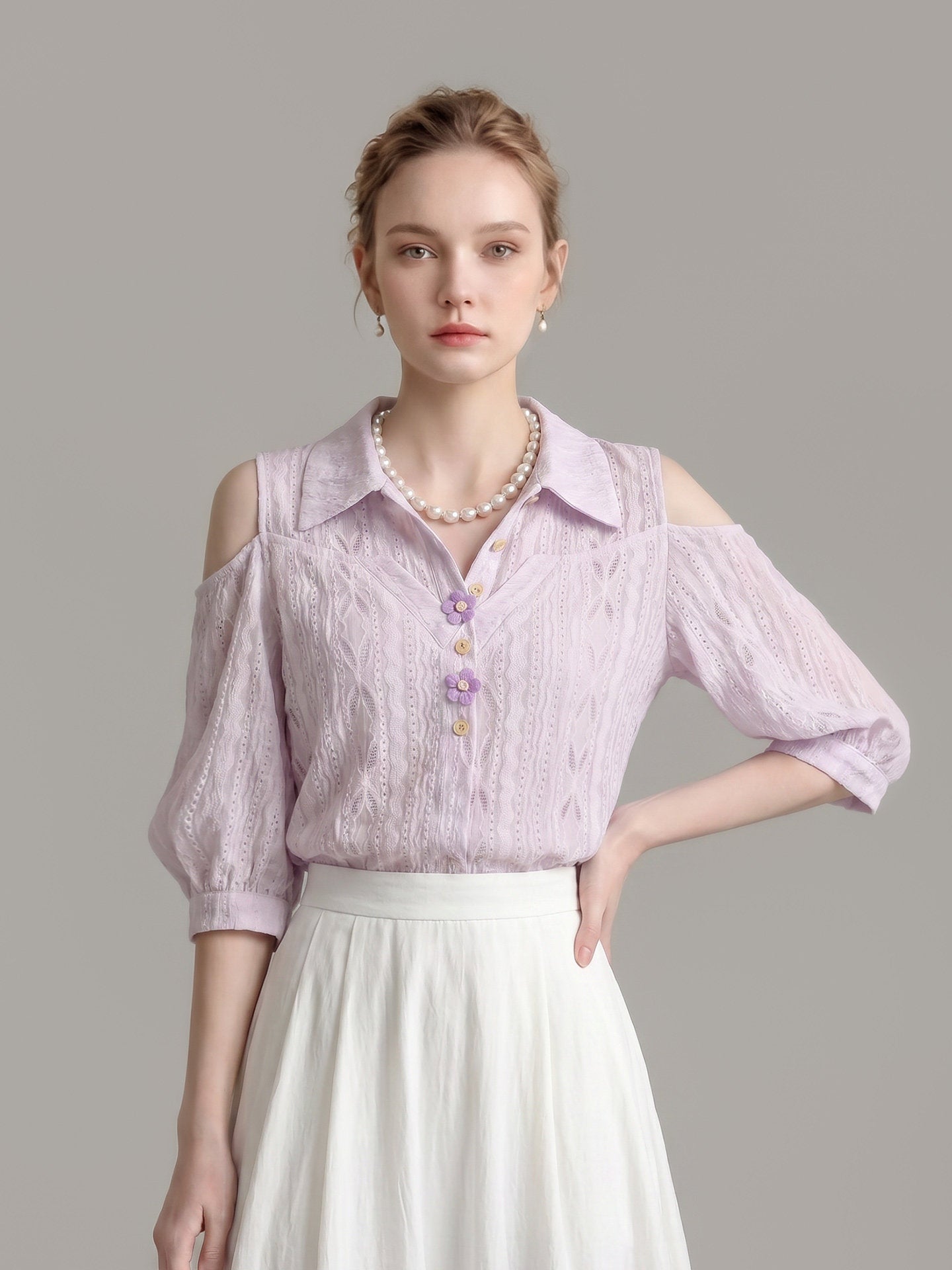 O1CN01SdRz7n1fP8cR9nMum__163593998 COLD SHOULDER EYELET BLOUSE, 3D FLORAL BUTTONS, DATE NIGHT