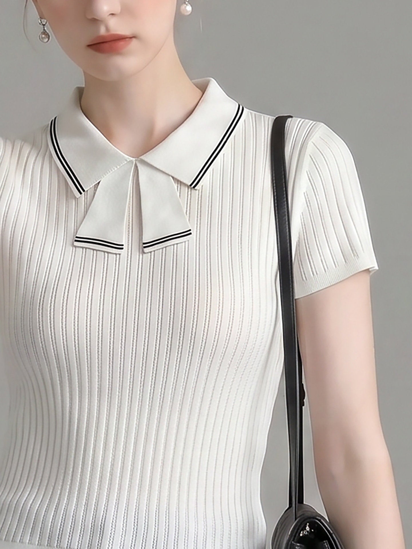 STRIPED BOW TIE KNIT TOP, SHORT SLEEVE CASUAL STYLE