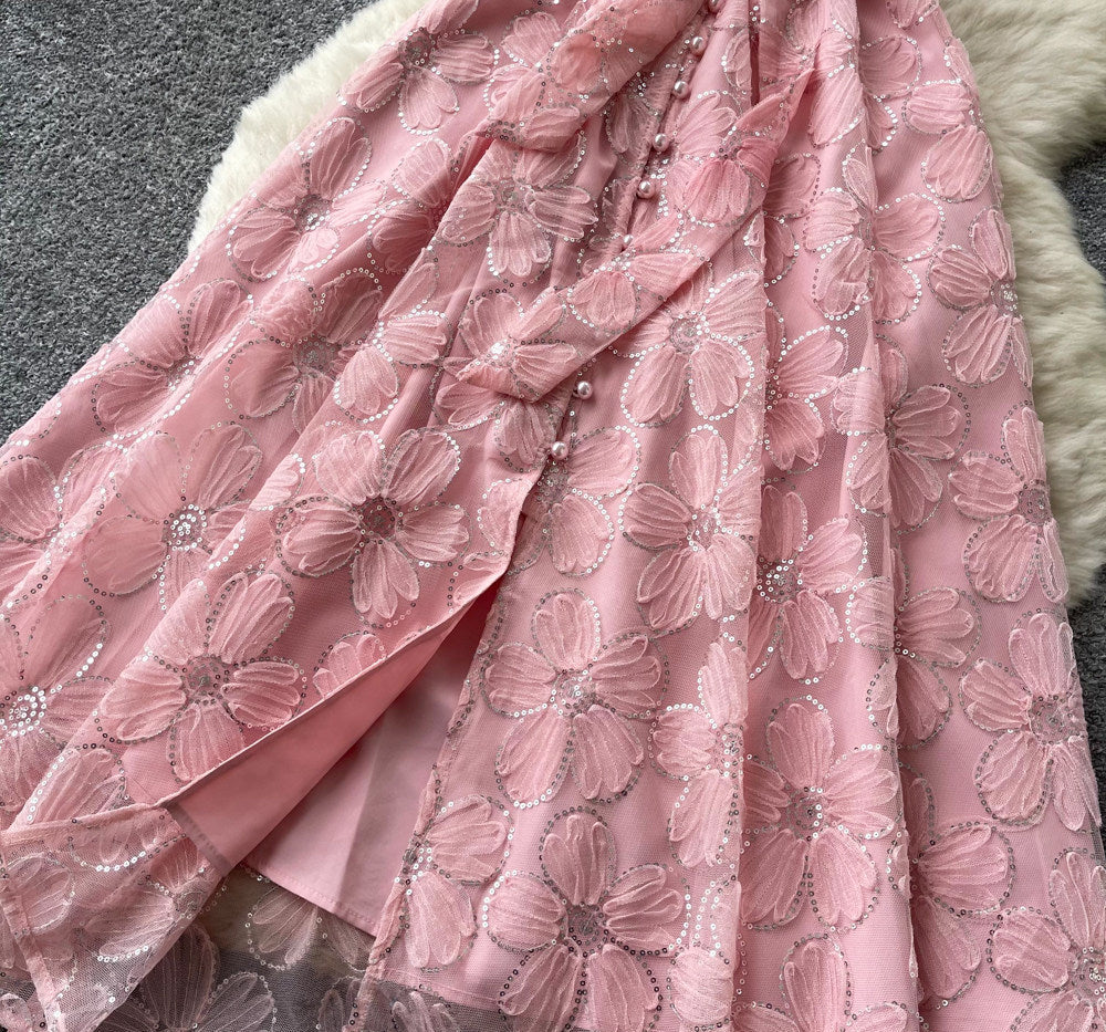 LIGHT PINK SHEER ORGANZA A-LINE MIDI DRESS FLORAL APPLIQUE