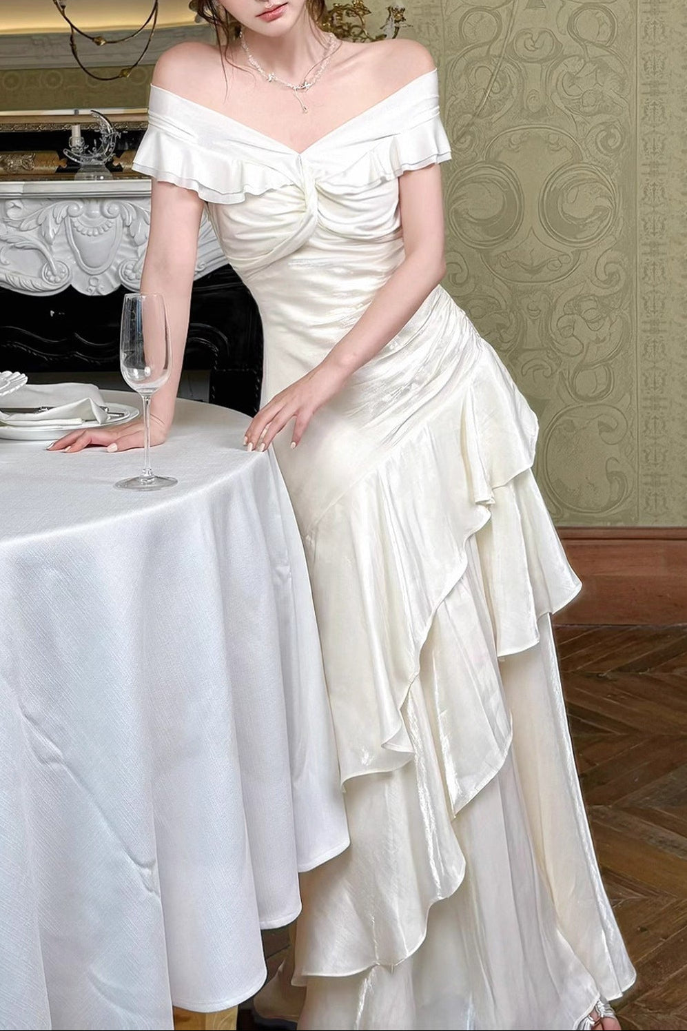 O1CN01TQHPGs1NwsfV40Fl1__2218750891635-0-cib OFF SHOULDER TWIST RUCHED TIERED RUFFLE SATIN MAXI DRESS