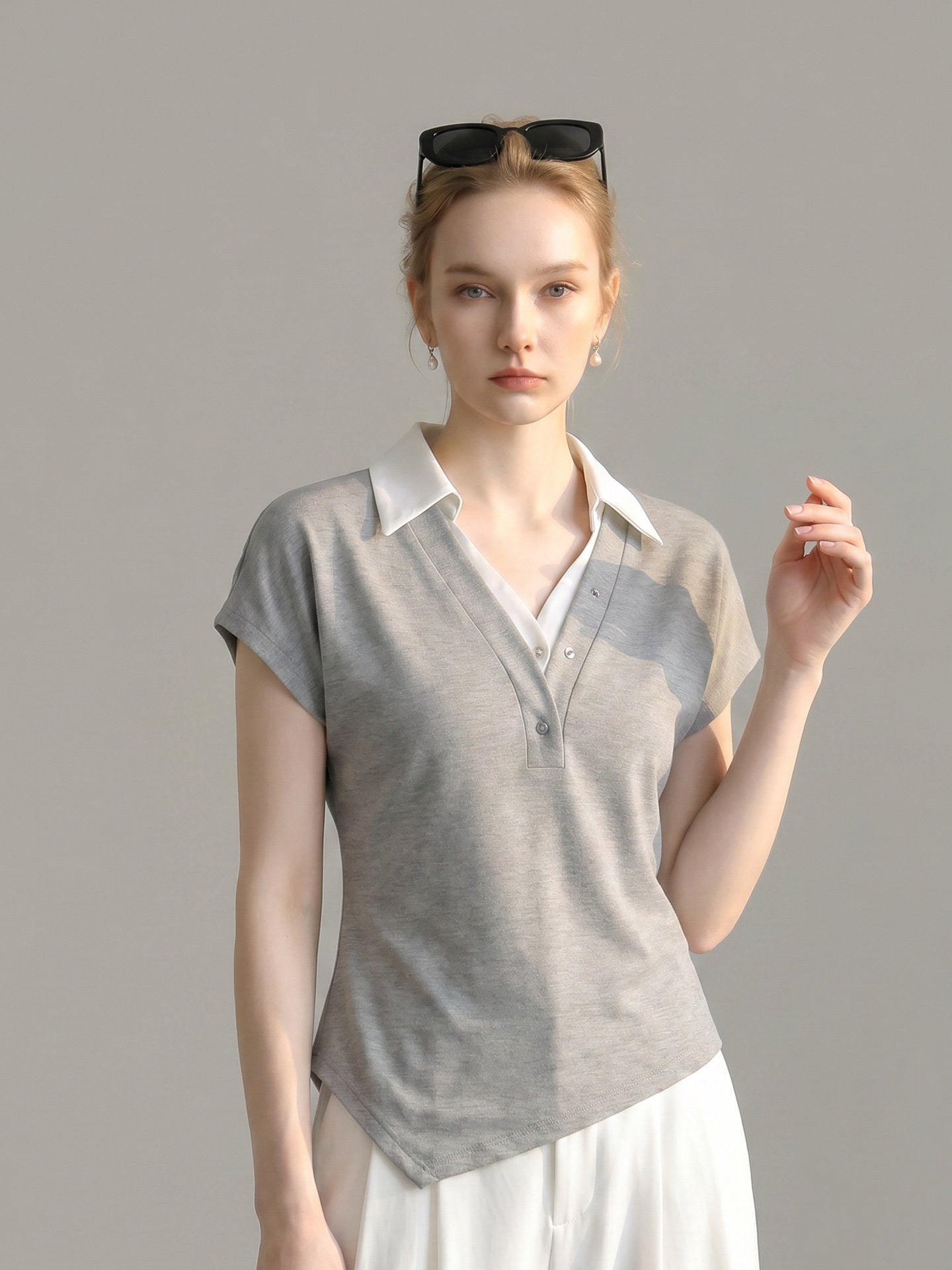 O1CN01TS6lJa1fP8cLvRVZ0__163593998 FAKE TWO PIECE COLLARED V NECK CAP SLEEVE ASYMMETRICAL HEM TEE