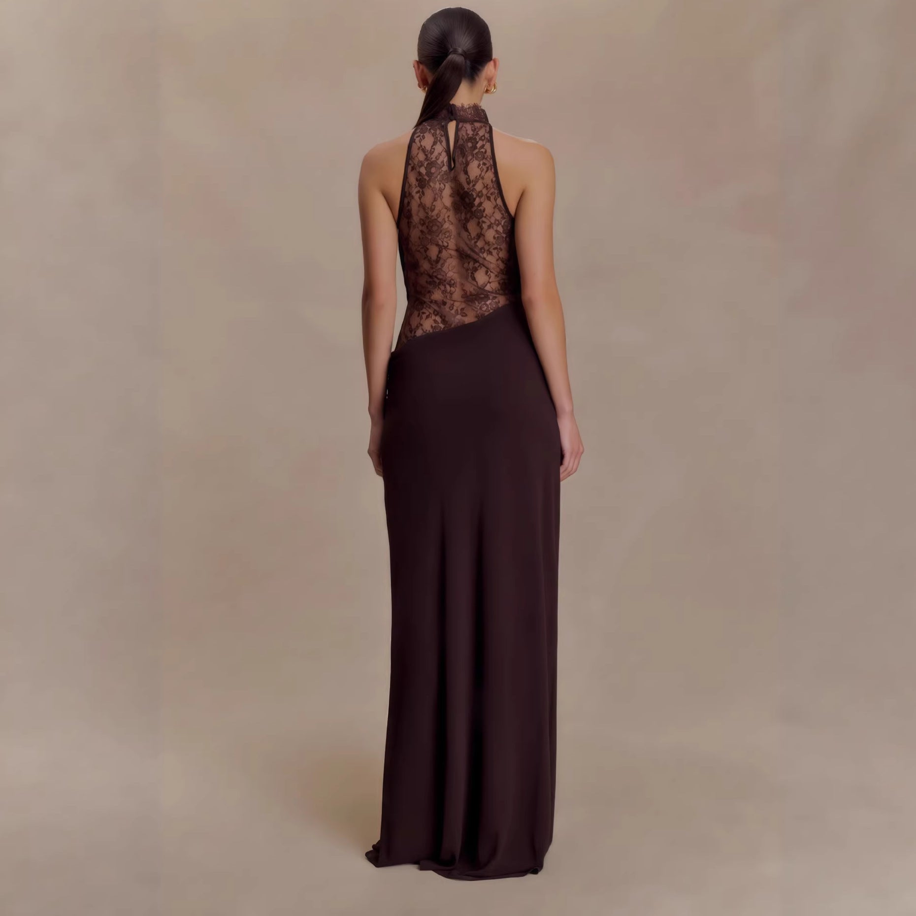 HALTER LACE CUTOUT DRAPED MAXI GOWN