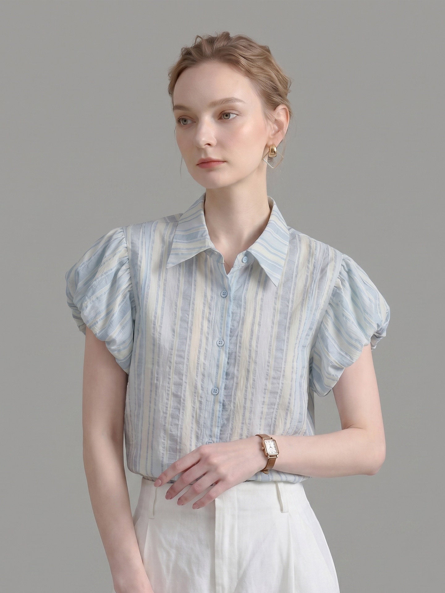 O1CN01TshC501fP8c2CyWSg__163593998 VERTICAL STRIPE PUFF SLEEVE POINT COLLAR WORK SHIRT