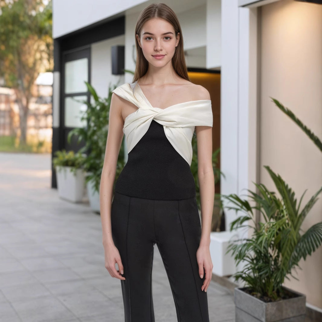 O1CN01UCrbRu1zMCIkUtHPi__2217524266699-0-cib BLACK WHITE OFF-SHOULDER KNOT FITTED TANK TOP