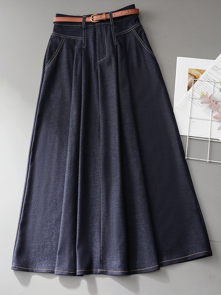 O1CN01UM57Aa1fP8UIRdatR__163593998 HIGH WAIST PLEATED DENIM MIDI SKIRT W/ LEATHER BELT