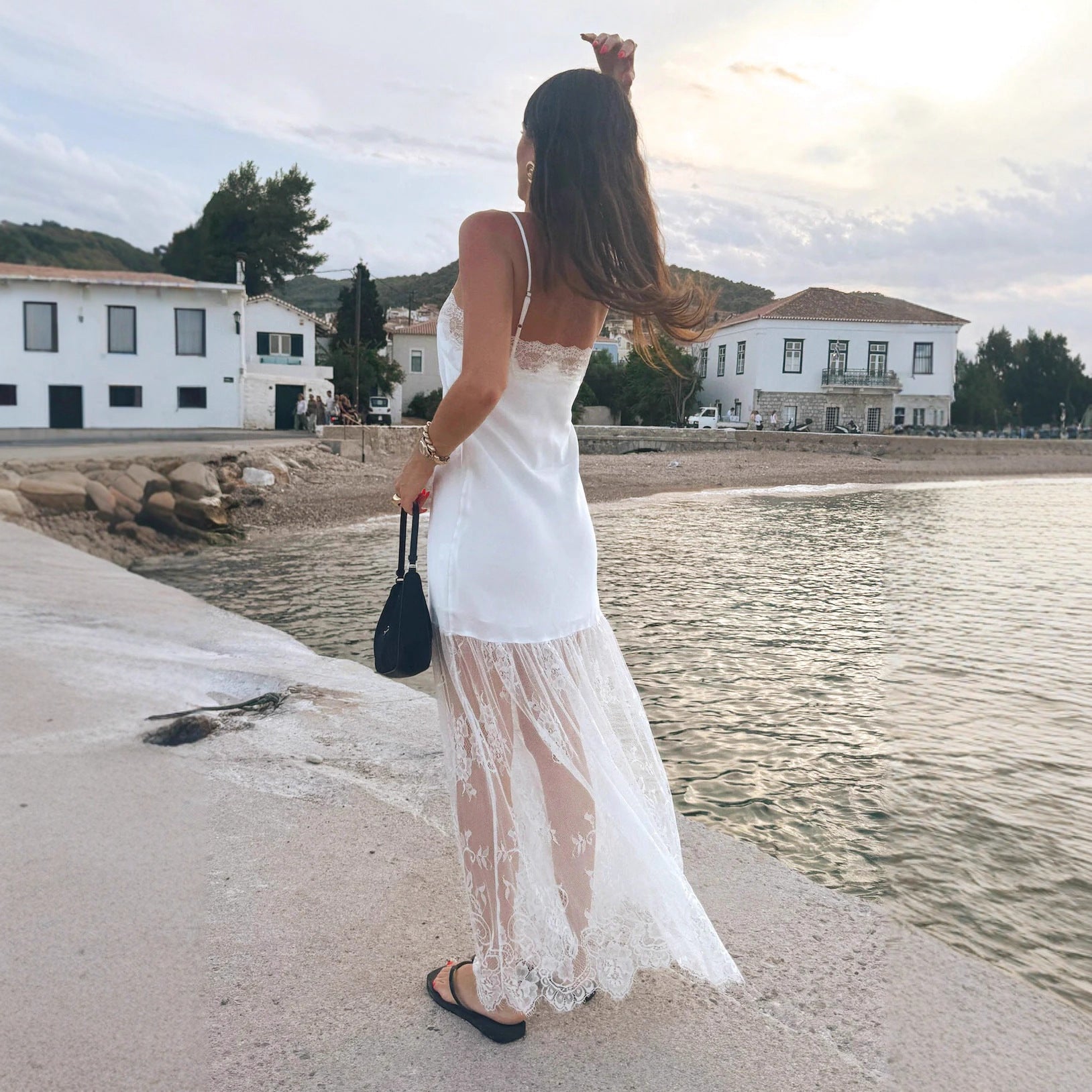 LACE HEM SATIN SLIP MAXI DRESS FOR EVENING