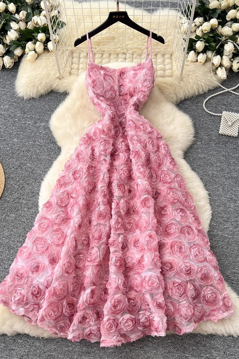 O1CN01UzKzqZ1apdONSnZMd__2220508073379-0-cib PINK ROSETTE MESH A-LINE MIDI DRESS FOR WEDDING GUEST