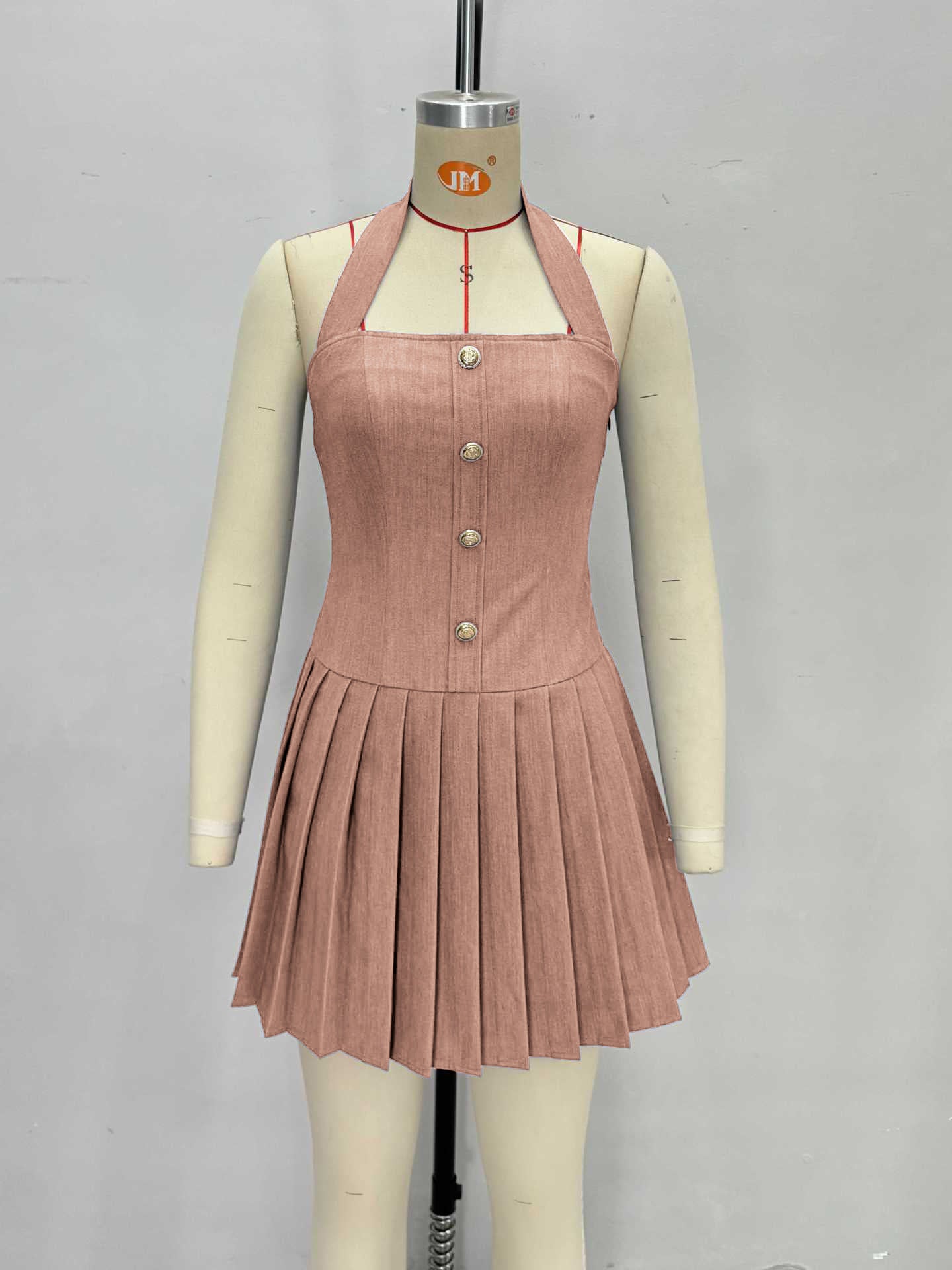 O1CN01VI6sQZ1zMCK495dZb__2217524266699-0-cib LIGHT DENIM HALTER SQUARE NECK GOLD BUTTON PLEATED MINI DRESS