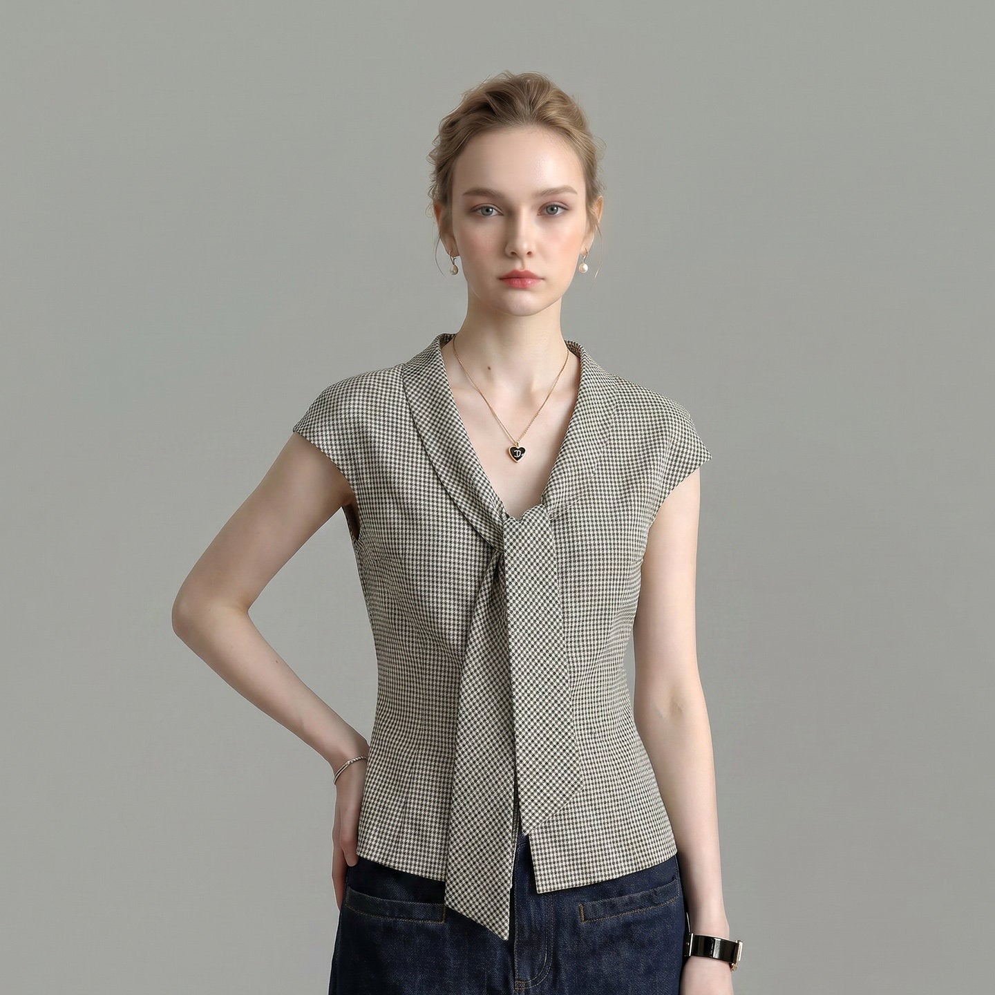 HOUNDSTOOTH LAPEL TIE-NECK CAP SLEEVE SLIM WORK BLOUSE