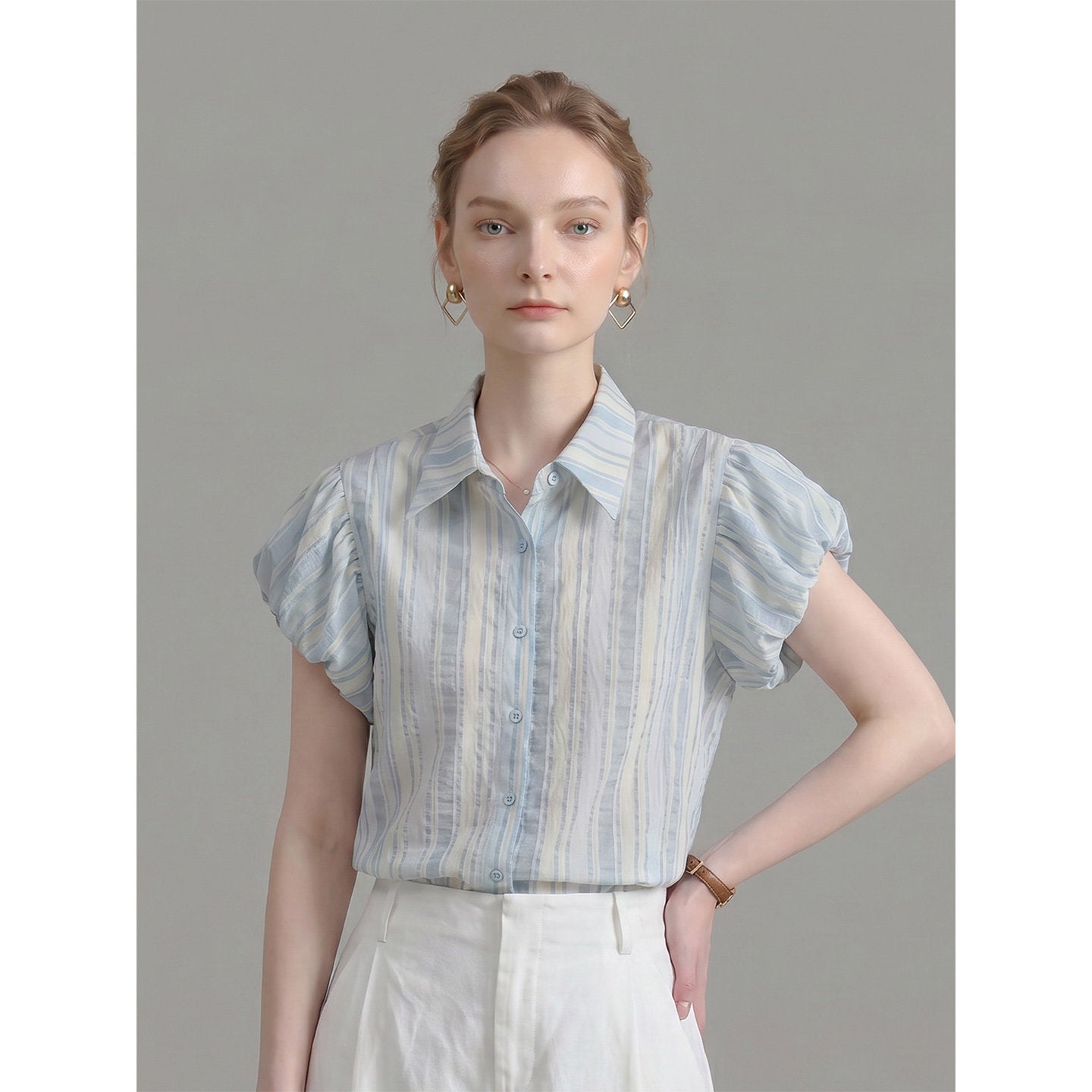 O1CN01VWNe4s1fP8c6yyP1R__163593998 VERTICAL STRIPE PUFF SLEEVE POINT COLLAR WORK SHIRT