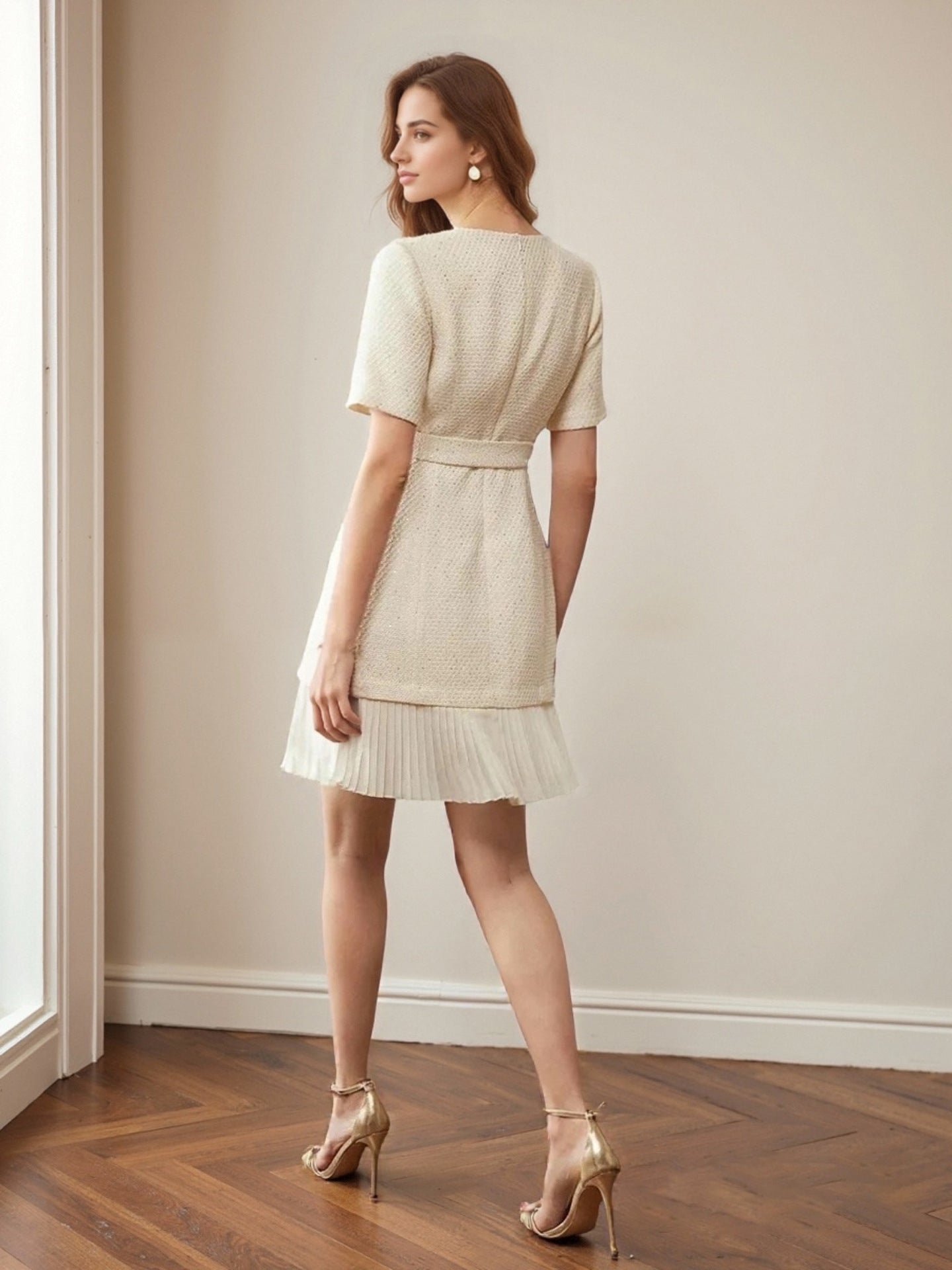 O1CN01VfxEyH1zMCIpY6bXc__2217524266699-0-cib CREAM SPARKLY TWEED BELTED PLEATED MINI DRESS