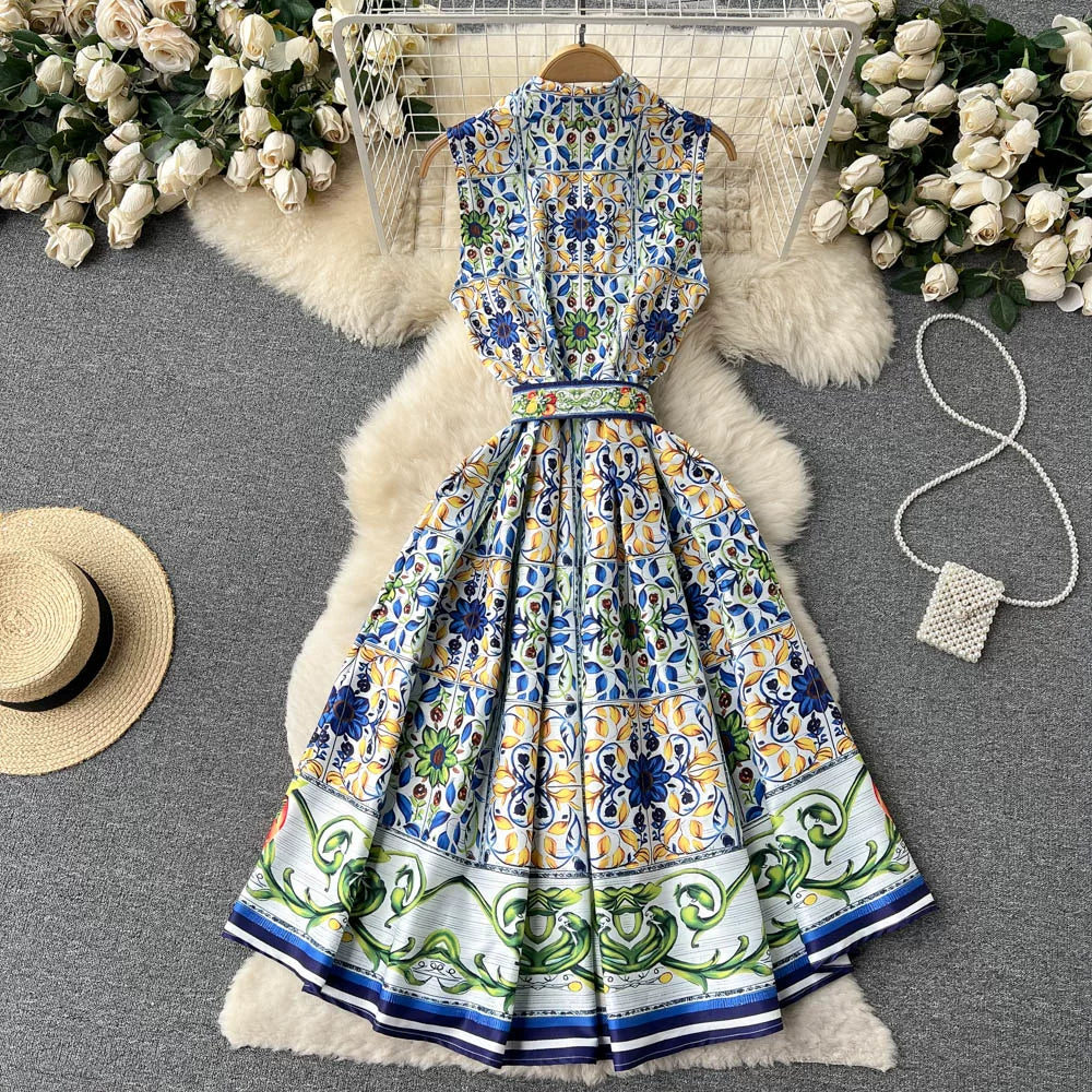 O1CN01Wjishg24PSxguTReX__381577383 SLEEVELESS COLLARED TILE PRINT BELTED A-LINE MIDI DRESS