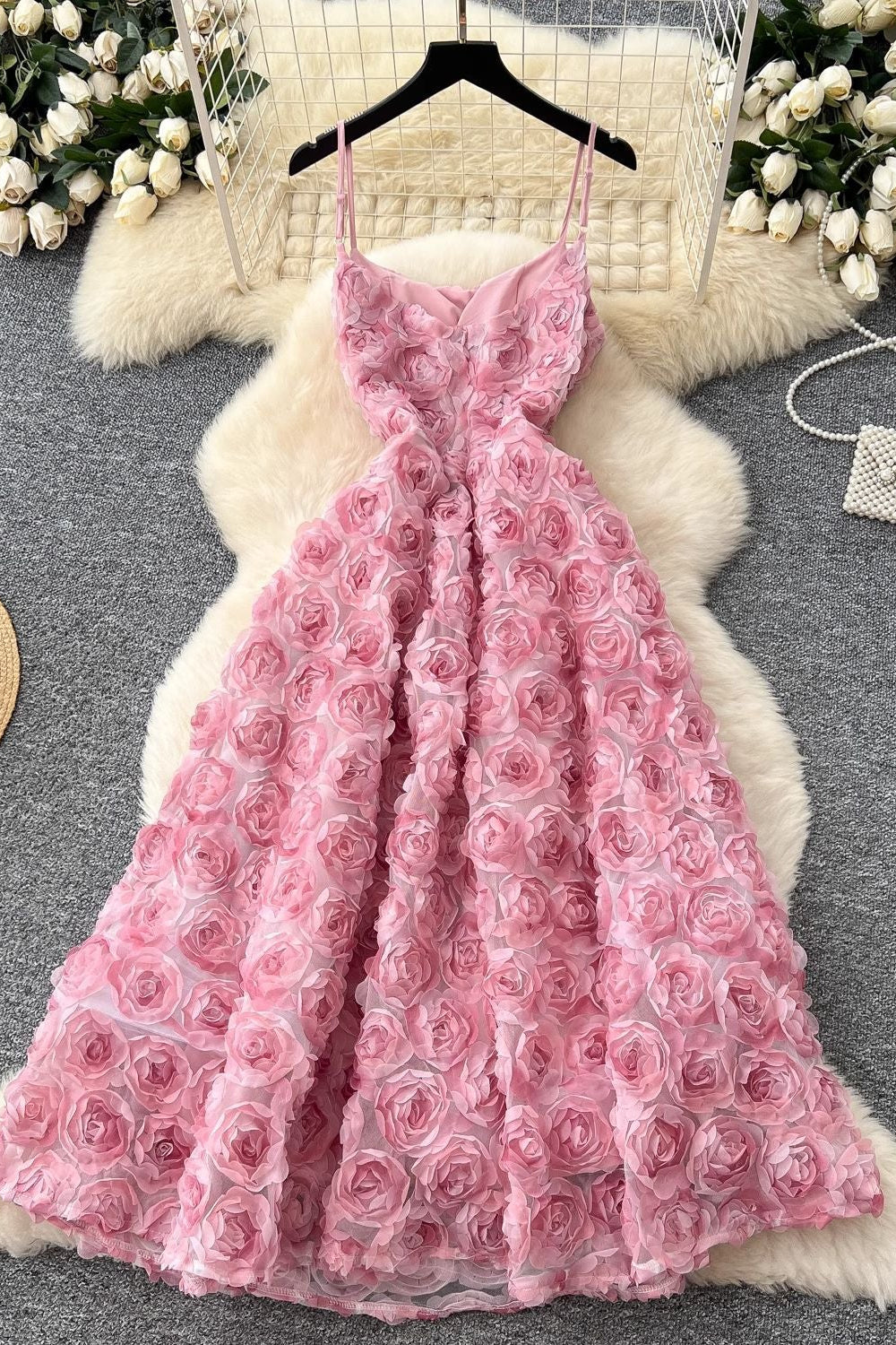 O1CN01Wl4fD81apdOSHEouJ__2220508073379-0-cib PINK ROSETTE MESH A-LINE MIDI DRESS FOR WEDDING GUEST