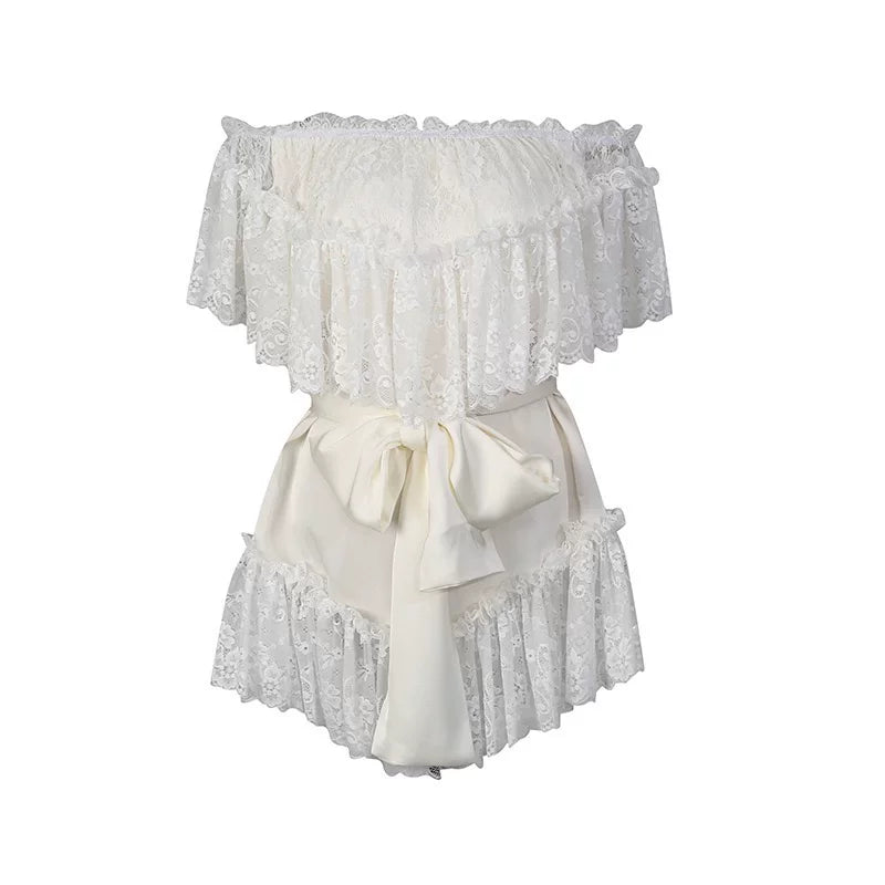 OFF-SHOULDER LACE SATIN BOW 2PC SHORT SET