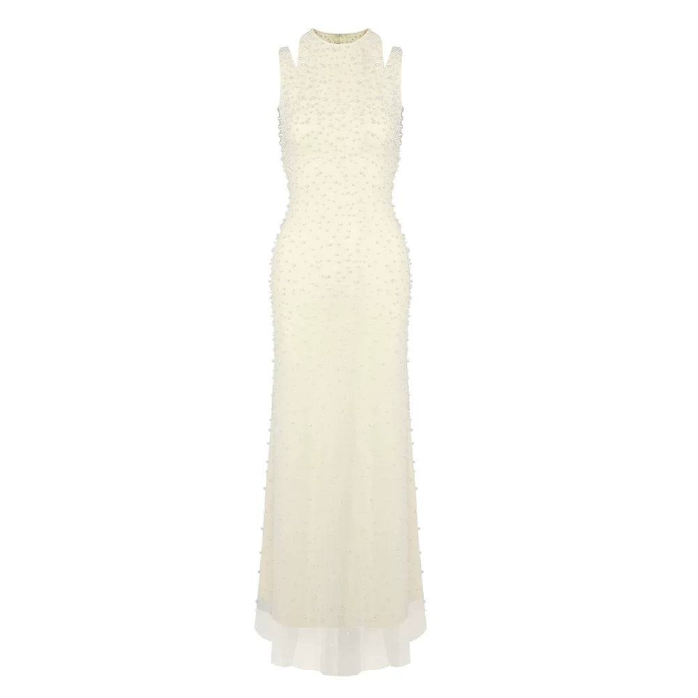 WHITE BEADED MERMAID GOWN SLEEVELESS CUTOUT PEARL MESH MAXI