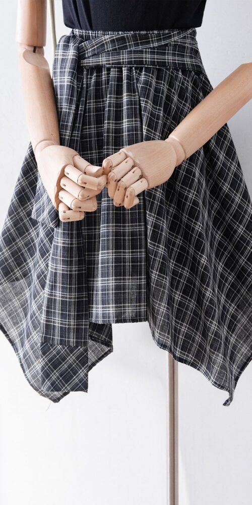 BLACK WHITE PLAID WRAP SKIRT ASYMMETRICAL HEM