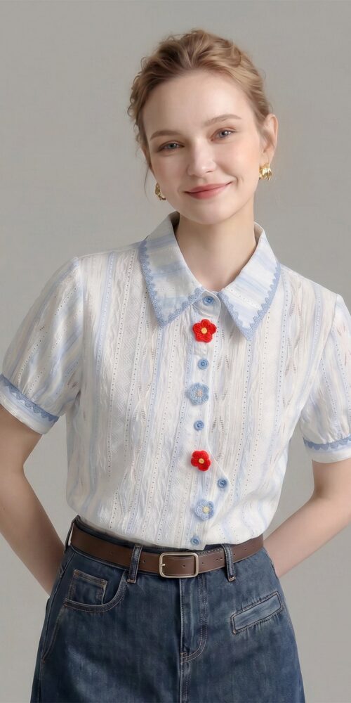 O1CN01XEXvst1fP8cR6vHrb__163593998 STRIPED EYELET SHIRT WITH LACE TRIM & 3D FLORAL BUTTONS