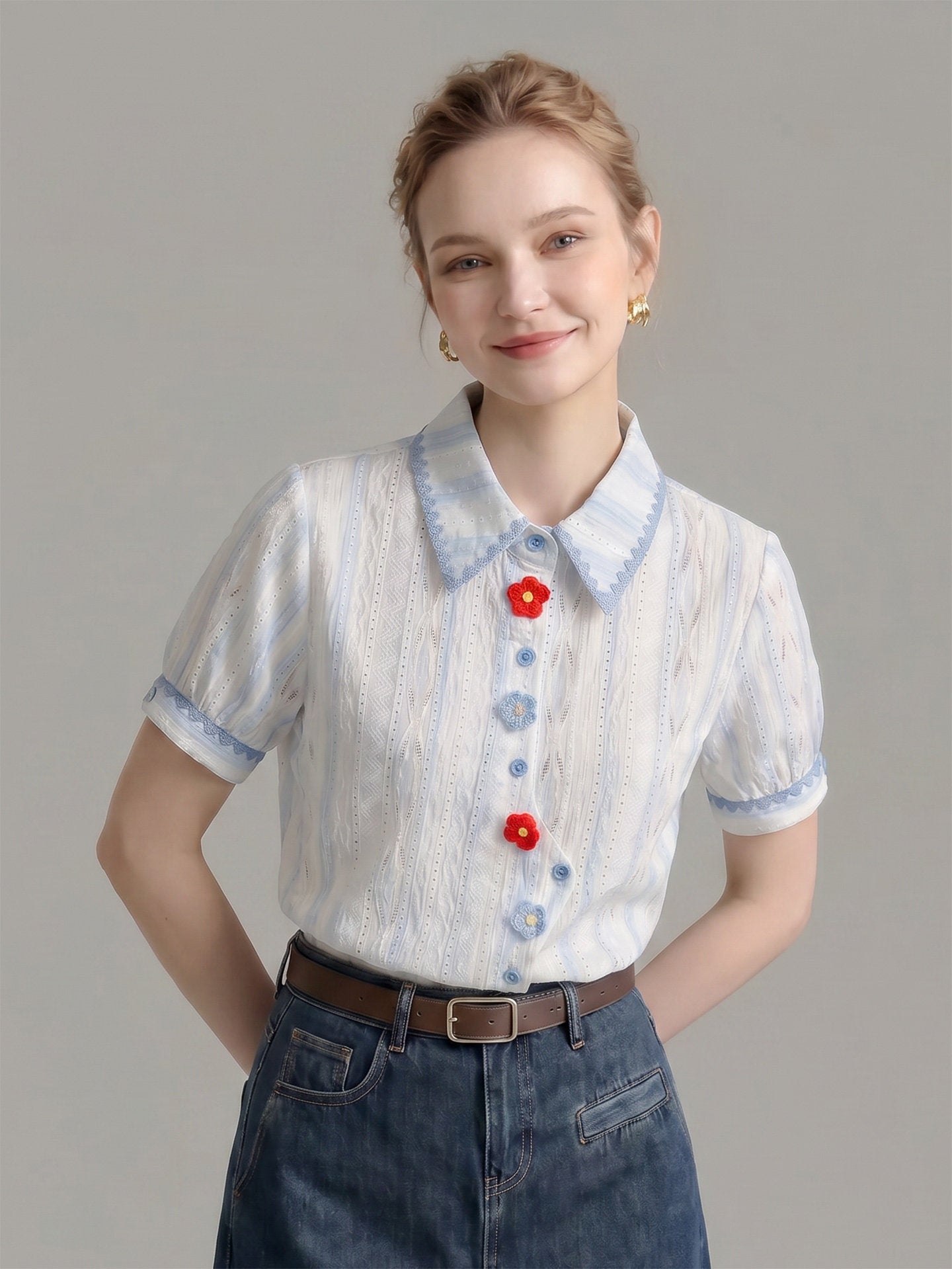 O1CN01XEXvst1fP8cR6vHrb__163593998 STRIPED EYELET SHIRT WITH LACE TRIM & 3D FLORAL BUTTONS