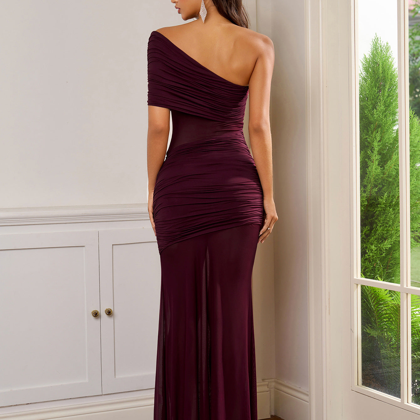 O1CN01Xdr3Gs23jKogiGVtj__3423897291-0-cib ONE SHOULDER SHEER MESH RUCHED MAXI DRESS