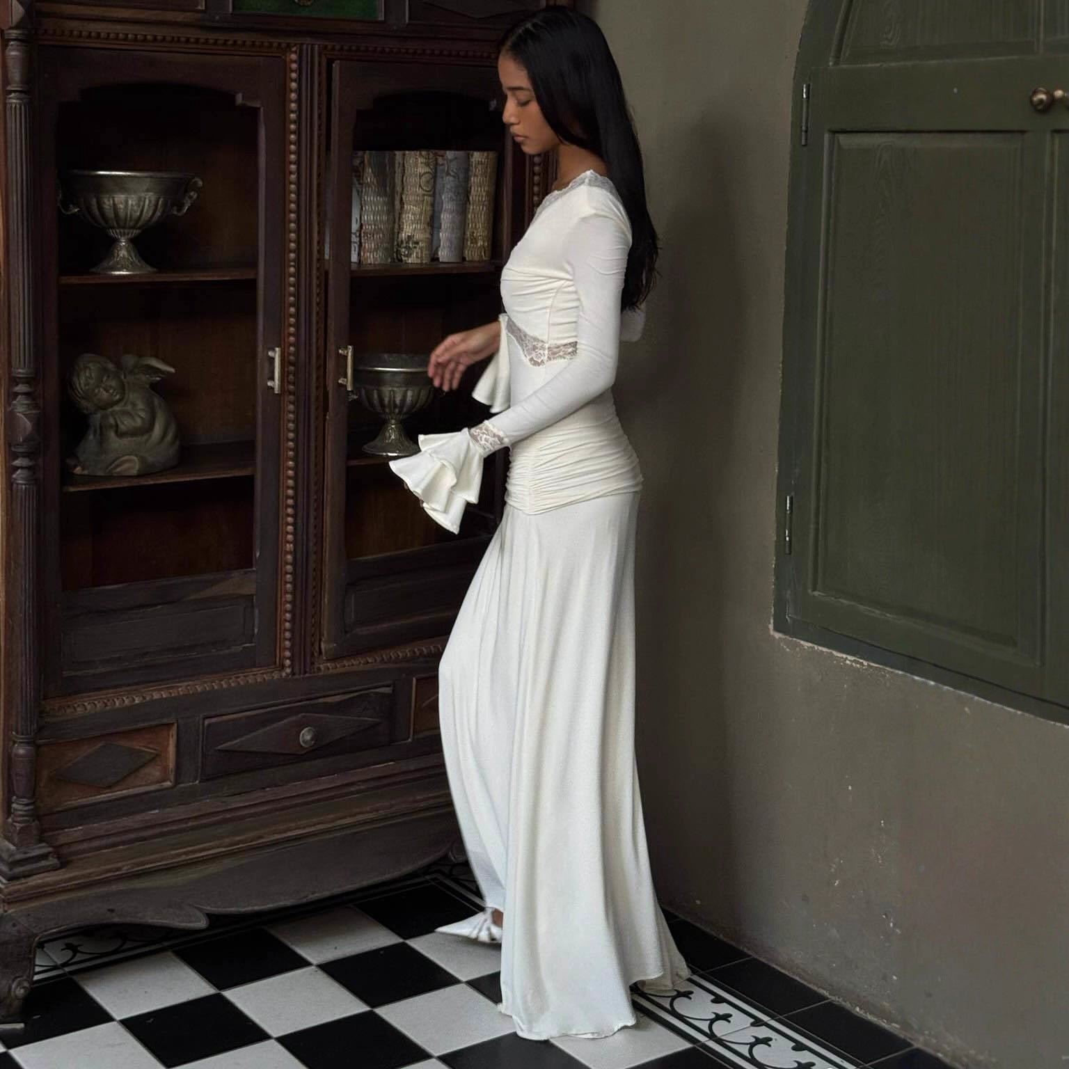 LACE TRIM FLARE SLEEVE DRAPED MAXI DRESS
