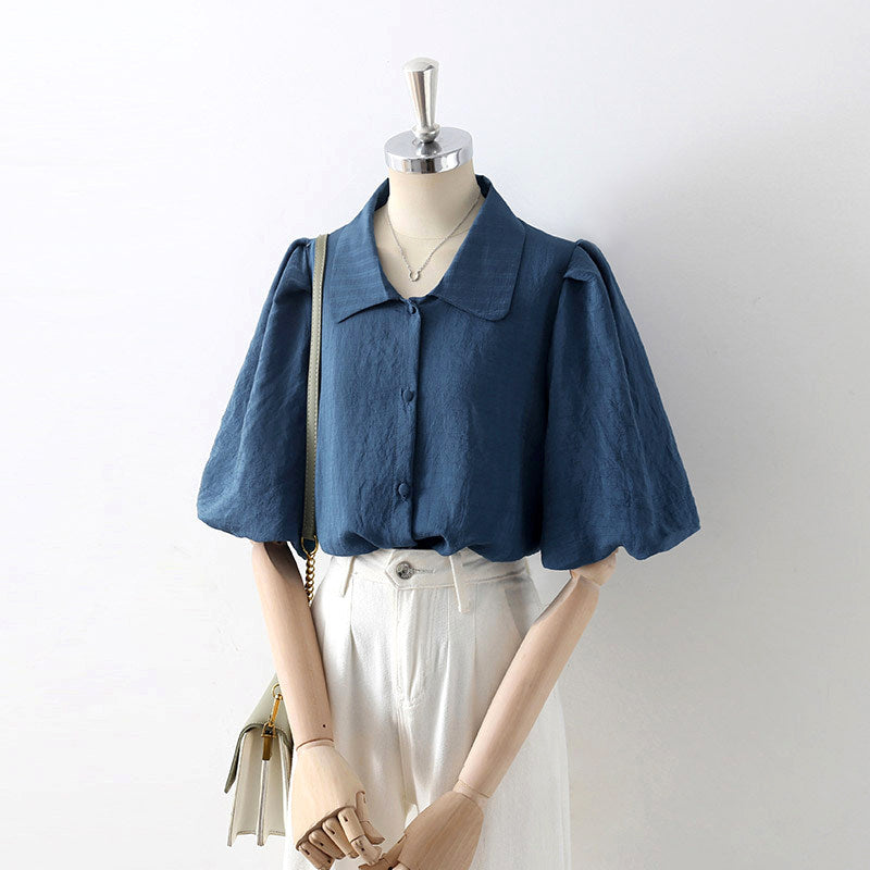 LAPEL BUBBLE SLEEVE TEXTURED BLOUSE FOR WORK