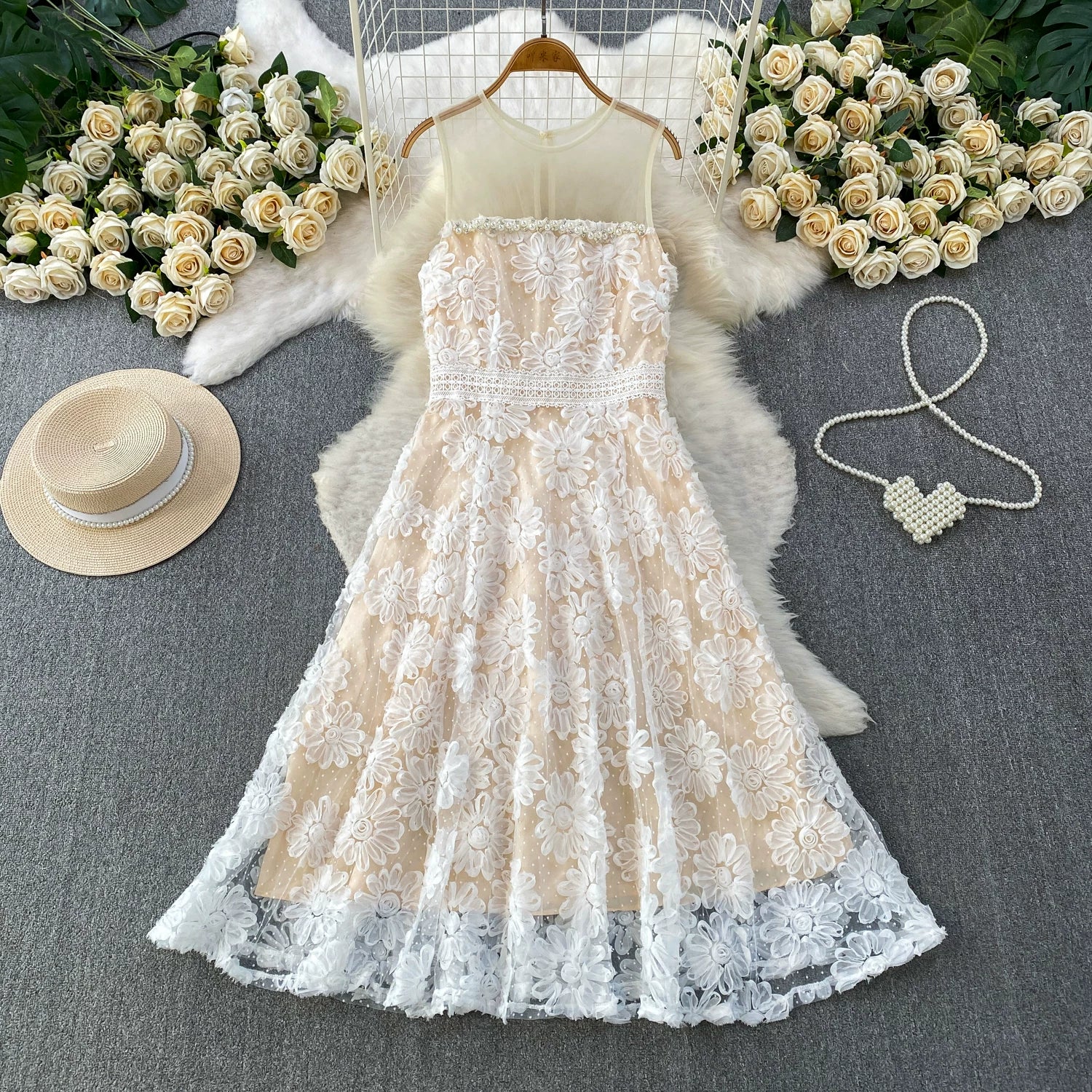 O1CN01XuHrdR1Q7X9DvFvmm__490011929 SHEER MESH MOCK NECK SLEEVELESS 3D FLORAL TULLE MIDI DRESS