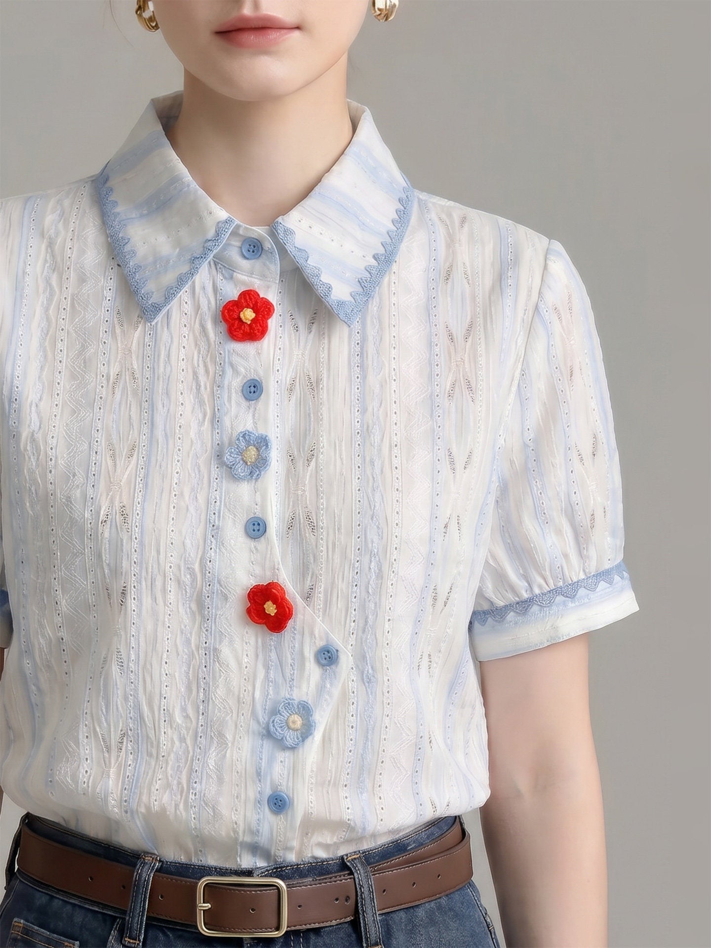 O1CN01YZlZmc1fP8cRI39ZL__163593998 STRIPED EYELET SHIRT WITH LACE TRIM & 3D FLORAL BUTTONS