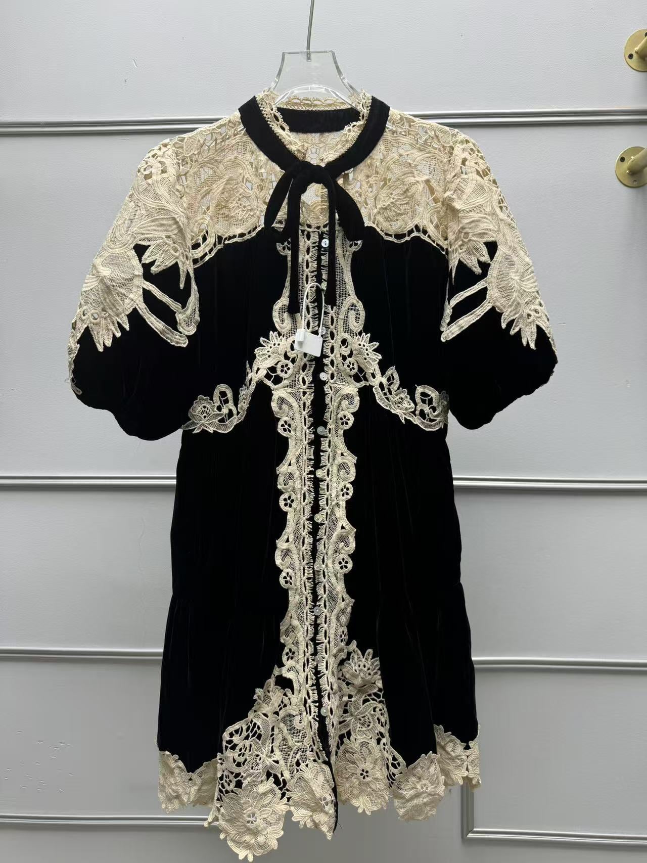 BLACK VELVET BABYDOLL A-LINE DRESS WITH LACE OVERLAY