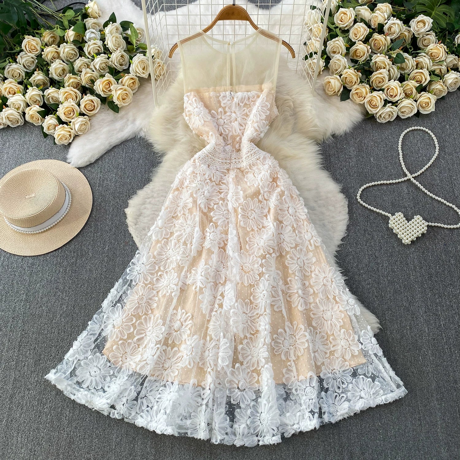 O1CN01ZZ3REx1Q7X98oLCei__490011929 SHEER MESH MOCK NECK SLEEVELESS 3D FLORAL TULLE MIDI DRESS