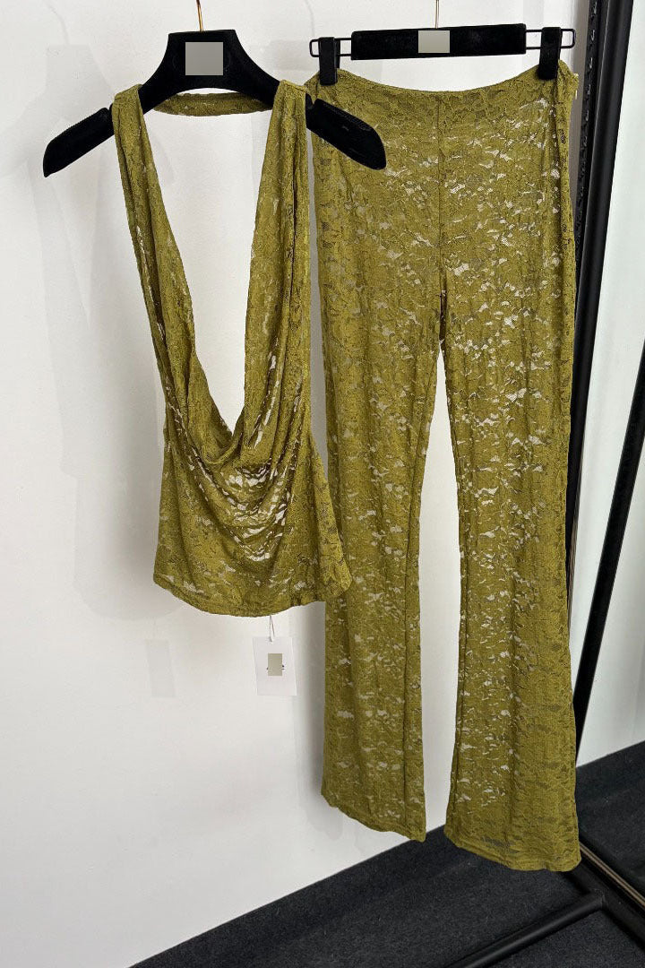 O1CN01ZiNUEM23adL5mfZb7__2218792767272-0-cib OLIVE GREEN LACE HALTER COWL NECK TOP & FLARED PANTS SET