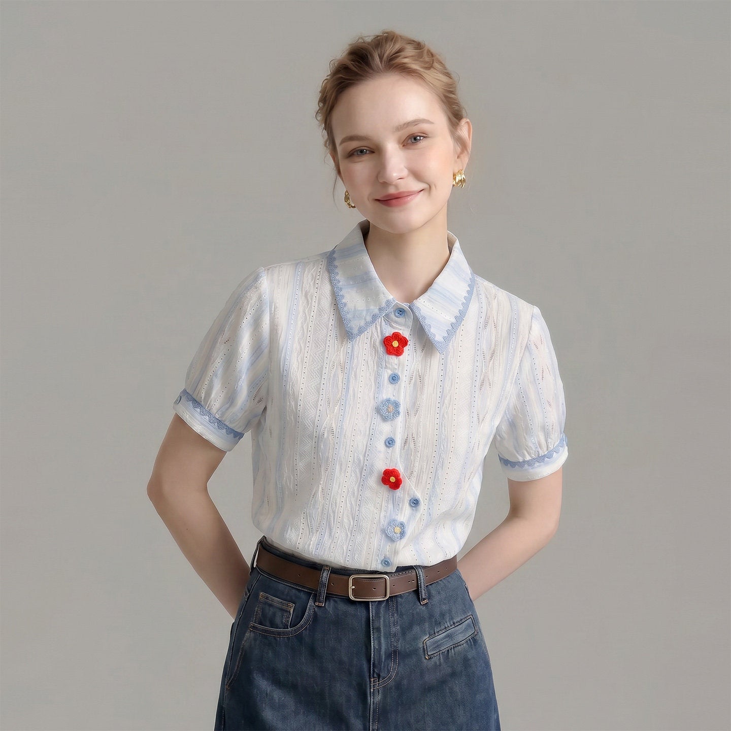 O1CN01ZlitQq1fP8cSnIEnH__163593998 STRIPED EYELET SHIRT WITH LACE TRIM & 3D FLORAL BUTTONS