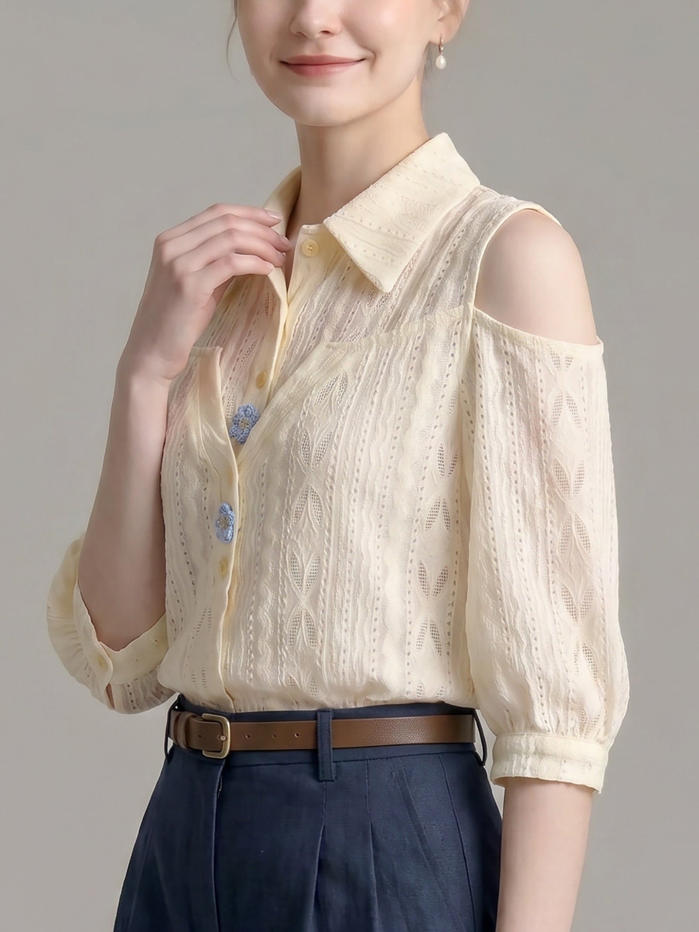 O1CN01aEuxTZ1fP8cQ4w8xl__163593998 COLD SHOULDER EYELET BLOUSE, PUFF SLEEVE, POINT COLLAR TOP
