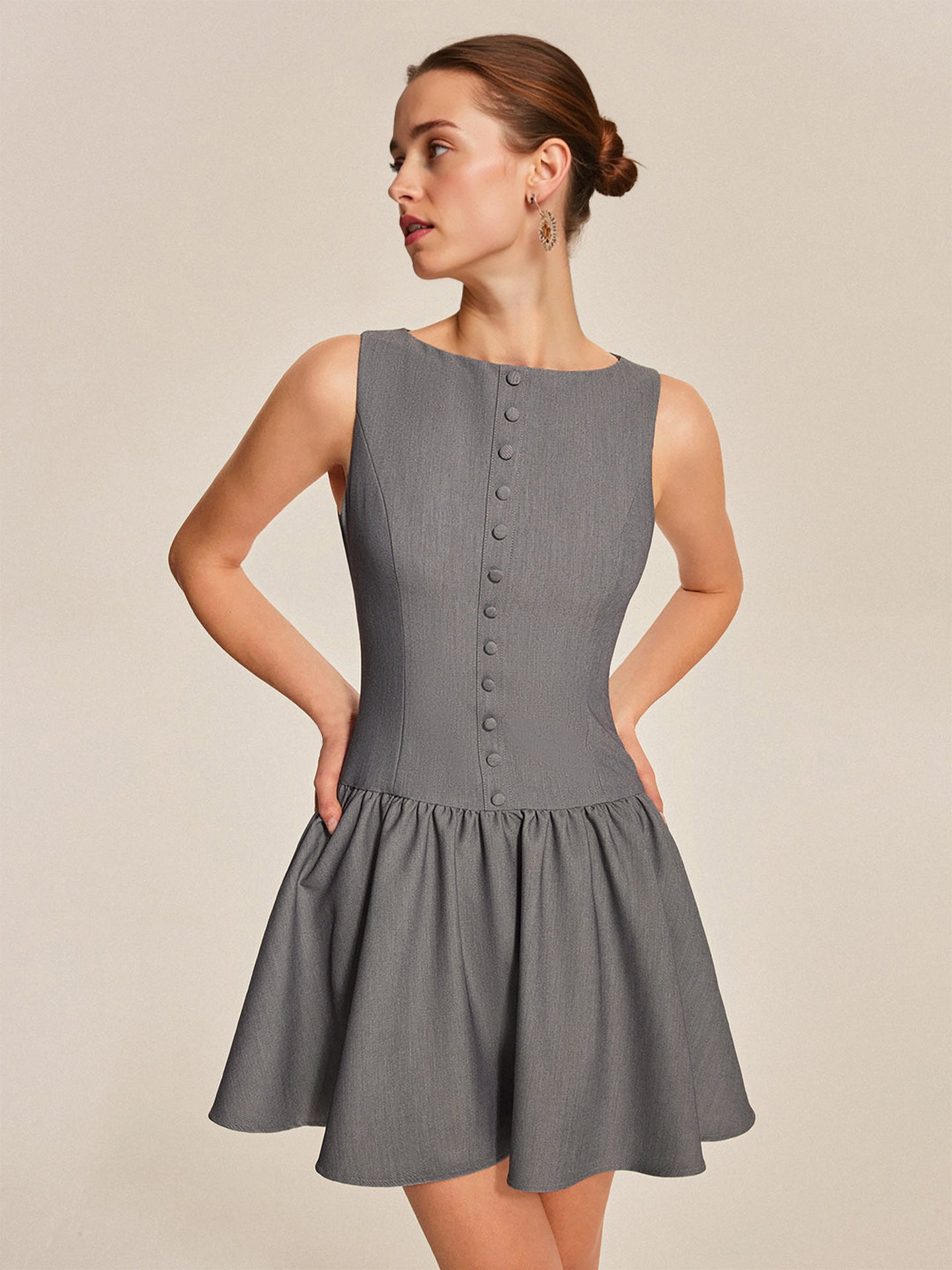 O1CN01aJjtst1zMCI8TyHtc__2217524266699-0-cib GREY BOAT NECK SLEEVELESS GATHERED FLARE MINI DRESS