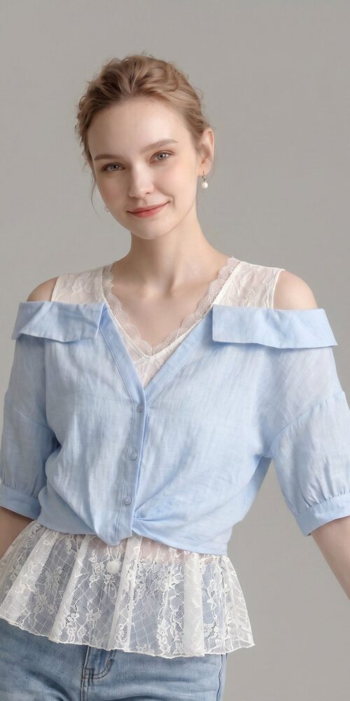 TWO PIECE COLD SHOULDER TWIST HEM BLOUSE WITH LACE CAMISOLE