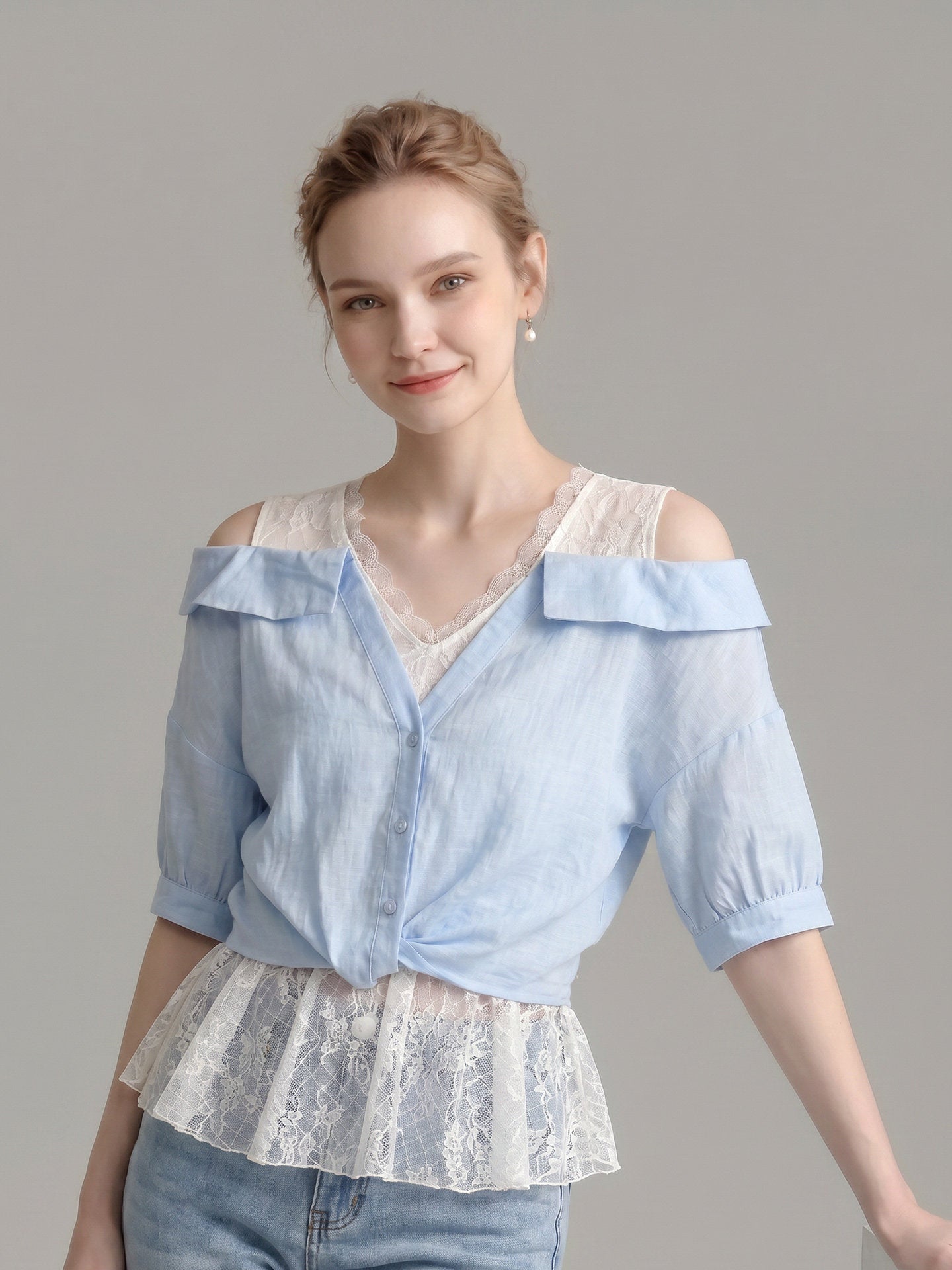 O1CN01ahs0DG1fP8cPvFmaI__163593998 TWO PIECE COLD SHOULDER TWIST HEM BLOUSE WITH LACE CAMISOLE