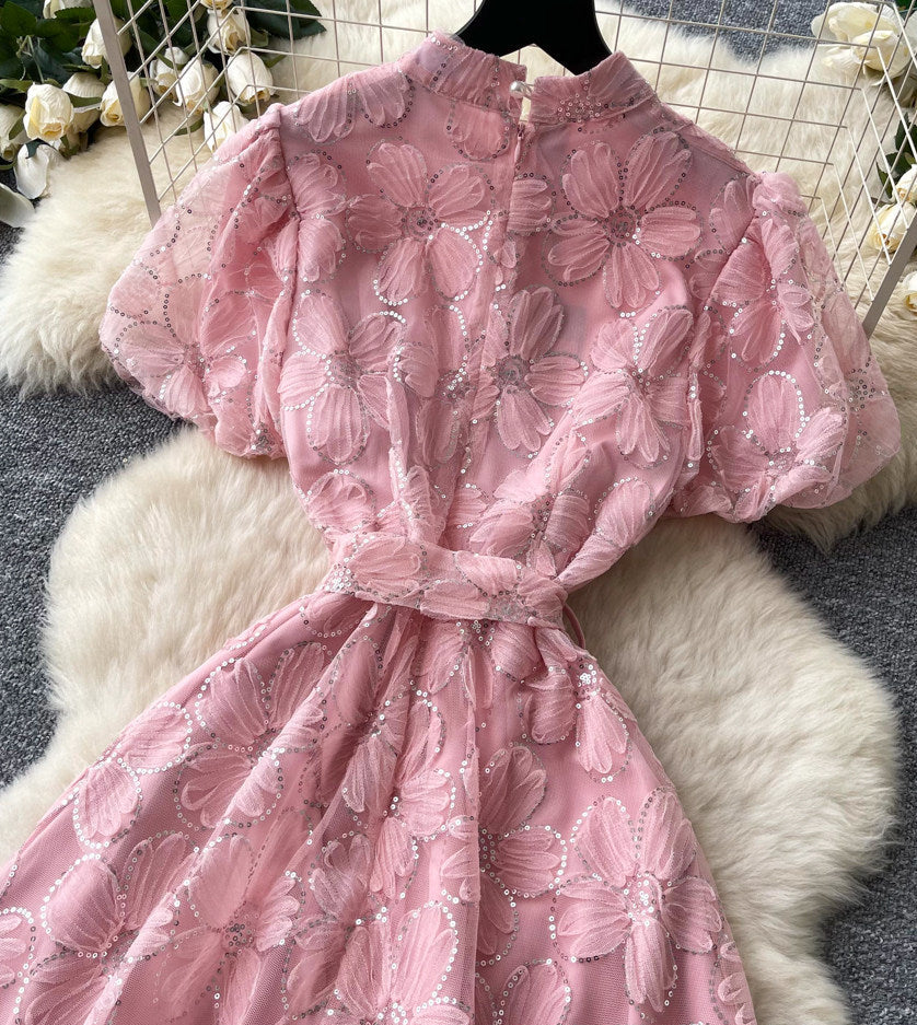 LIGHT PINK SHEER ORGANZA A-LINE MIDI DRESS FLORAL APPLIQUE