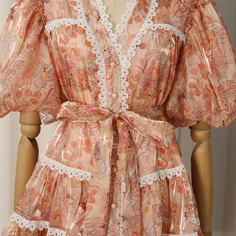 PEACH ORGANZA A-LINE TIERED MAXI DRESS BOTANICAL FLORAL