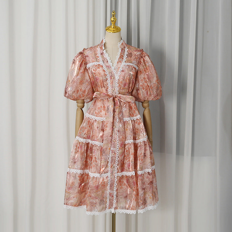 PEACH ORGANZA A-LINE TIERED MAXI DRESS BOTANICAL FLORAL