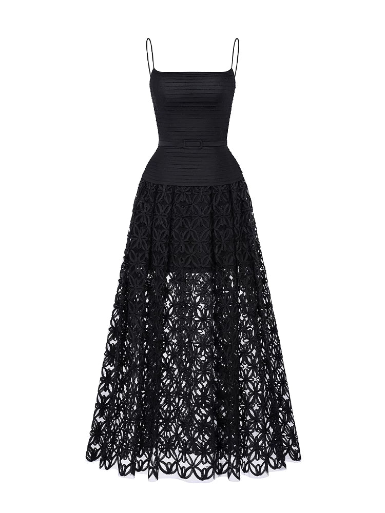 O1CN01bNbO8f1zIzaVI75FL__2563656692 BLACK LACE MIDI DRESS, SPAGHETTI STRAP PLEATED BODICE, FLORAL CUTOUT