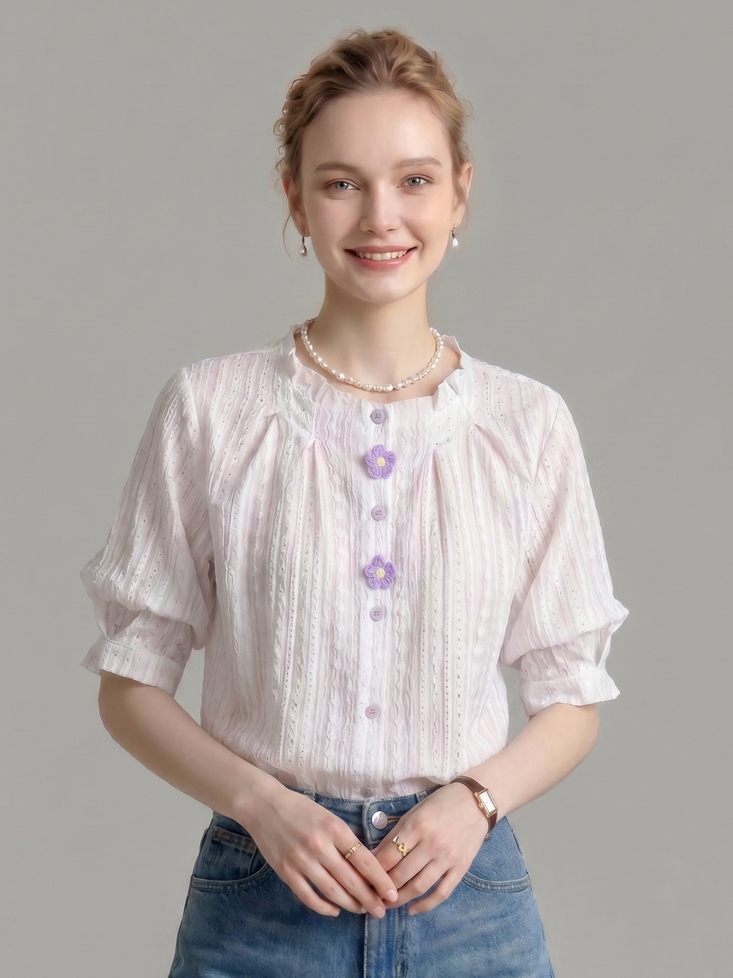 O1CN01bStzDr1fP8cSxmNRE__163593998 RUFFLED CREW NECK EYELET PUFF SLEEVE BLOUSE WITH FLORAL BUTTONS
