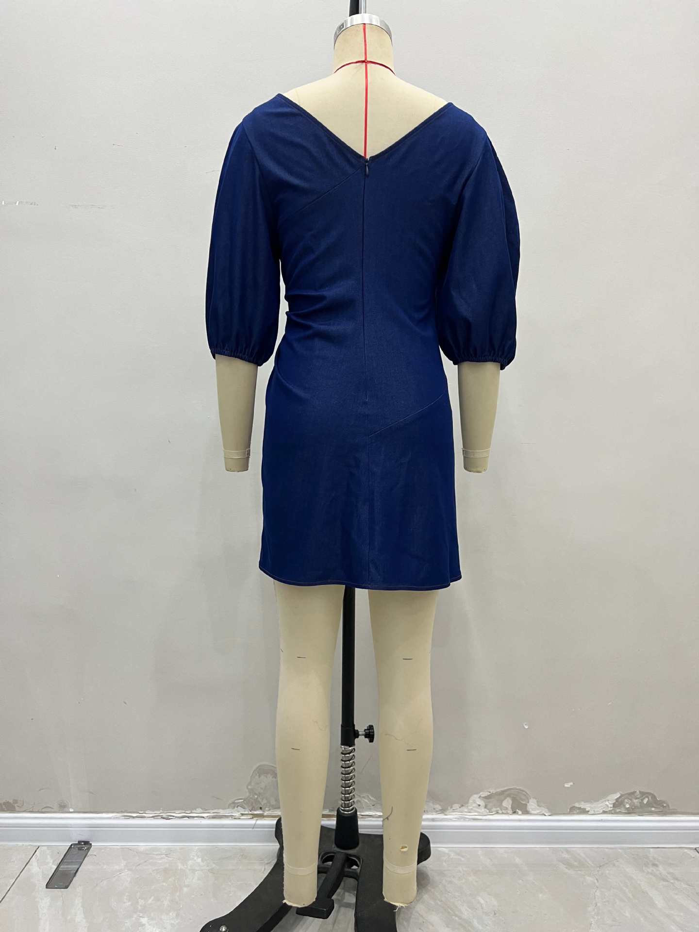 O1CN01bh943E1zMCJSrmDnv__2217524266699-0-cib DARK DENIM BOAT NECK PUFF SLEEVE SIDE RUCHED GOLD BUTTON MINI DRESS