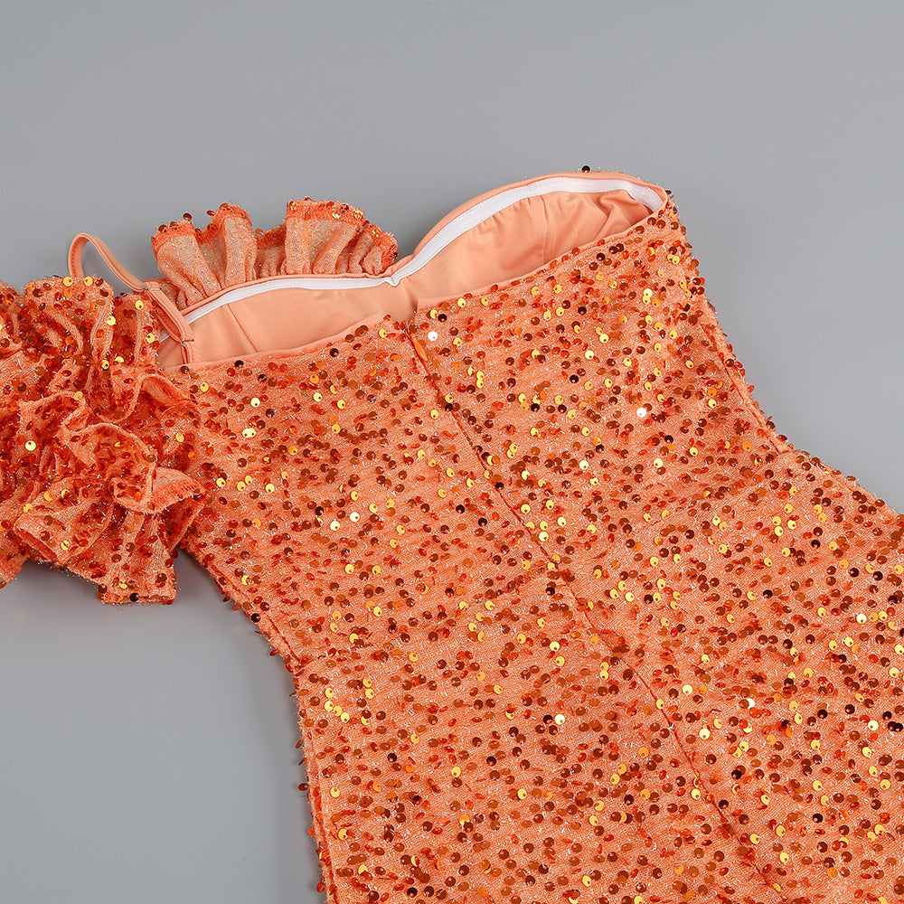 O1CN01bmbHbq28SS4pD3gz6__2215820147931-0-cib ORANGE SEQUIN ONE-SHOULDER FLOOR-LENGTH GOWN
