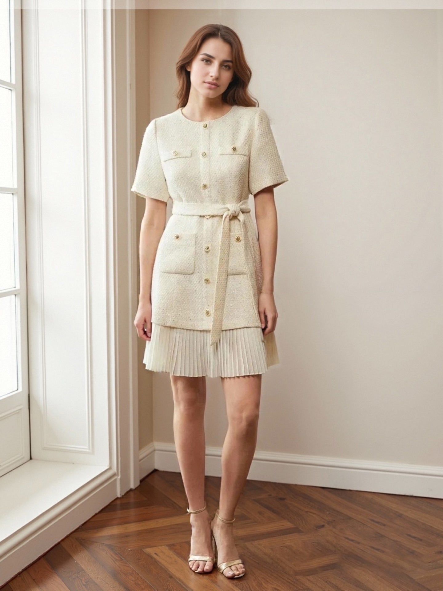 O1CN01c1bCR81zMCIqZHyvC__2217524266699-0-cib CREAM SPARKLY TWEED BELTED PLEATED MINI DRESS