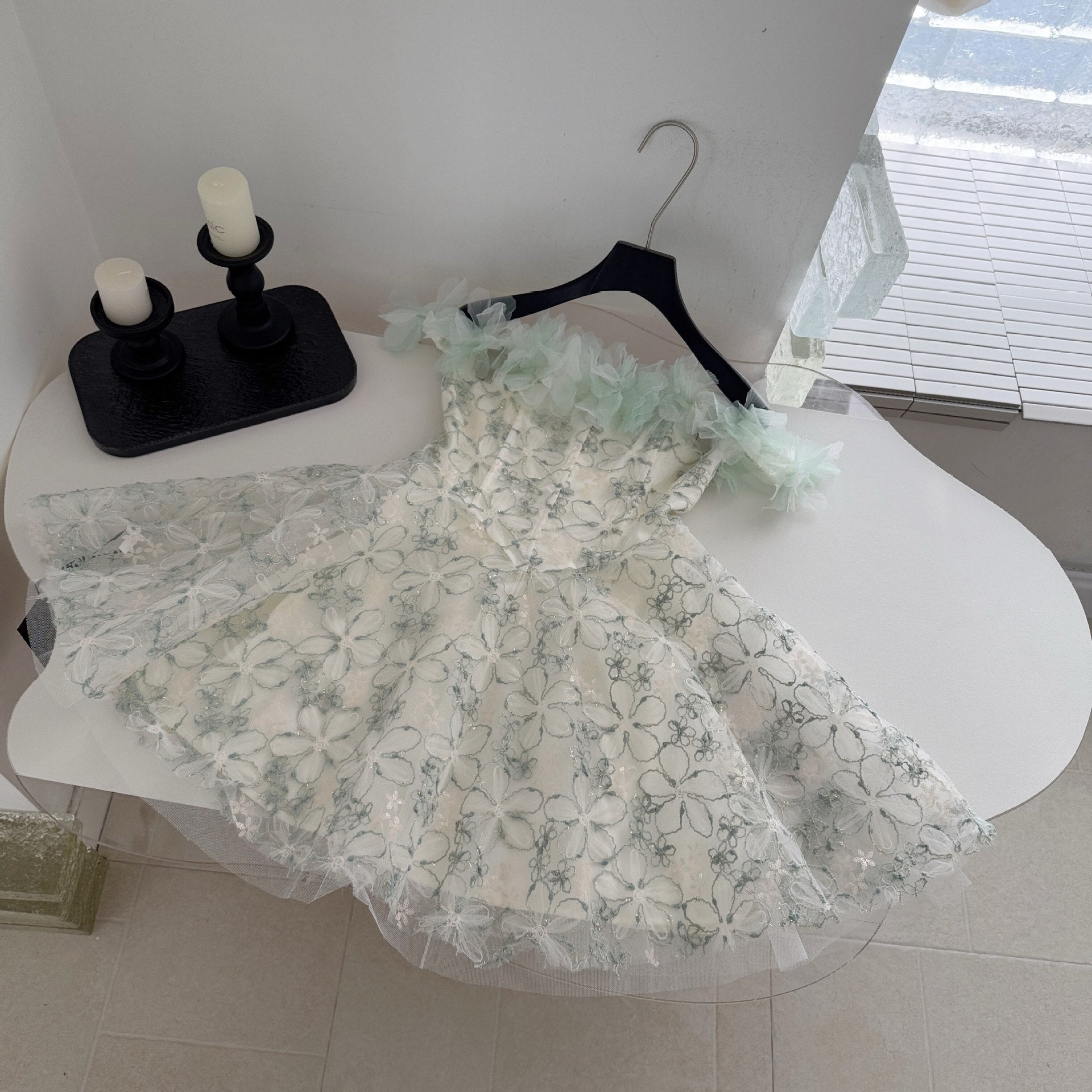 O1CN01cDIMiP8glLL3thOC__2217019903802-0-cib PALE SAGE ORGANZA FLORAL EMBROIDERED FIT-FLARE MINI DRESS