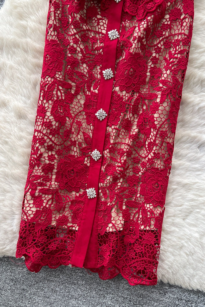 DARK RED PEPLUM LACE SHEATH DRESS, FORMAL