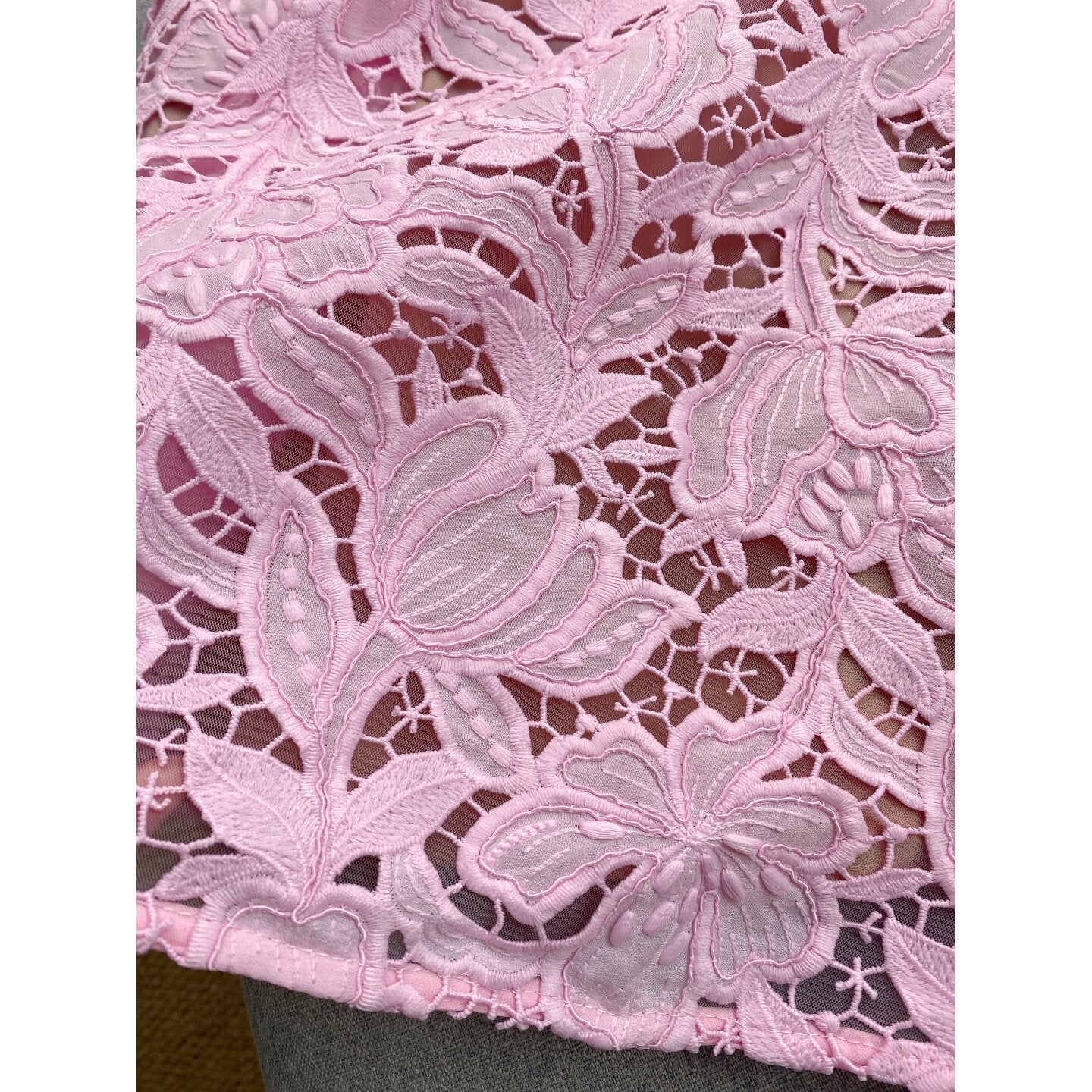 LIGHT PINK LACE FIT-AND-FLARE MINI DRESS