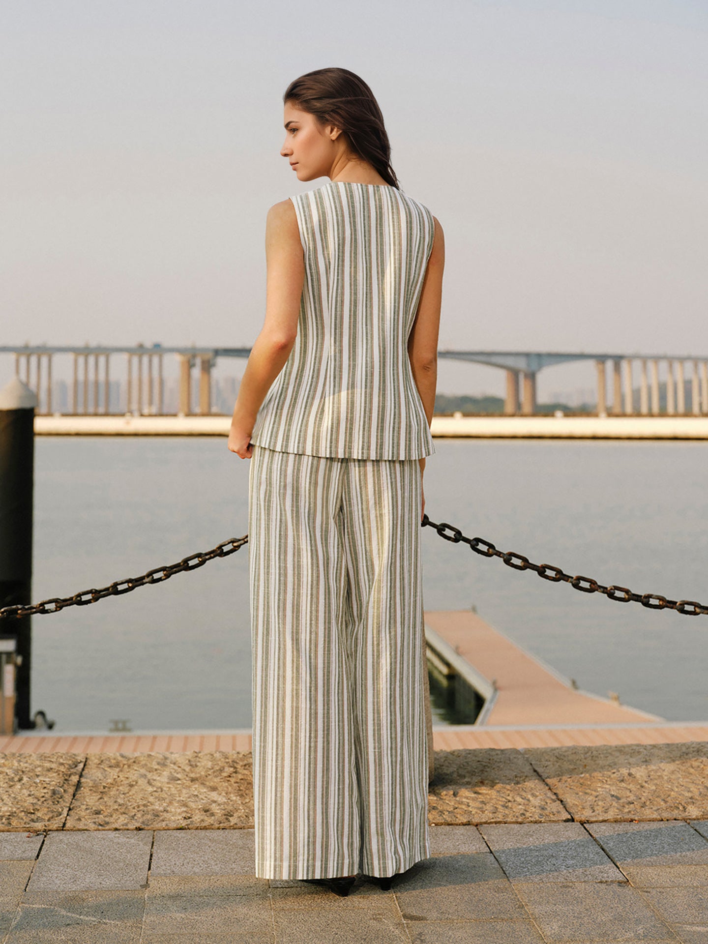 O1CN01dv3aiC1zMCIFlO5Cq__2217524266699-0-cib GREEN STRIPE LINEN VEST SET WIDE LEG PANTS